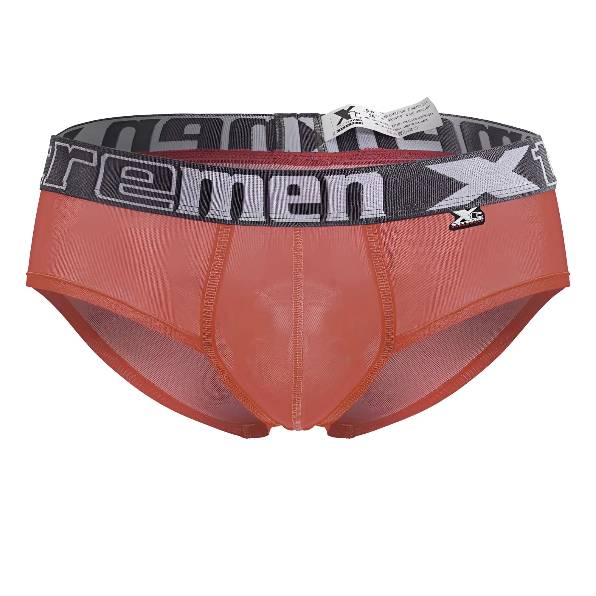 Orange mesh xtremen 91236 microfiber men’s briefs with gray elastic waistband and xc logo in fuchsia color