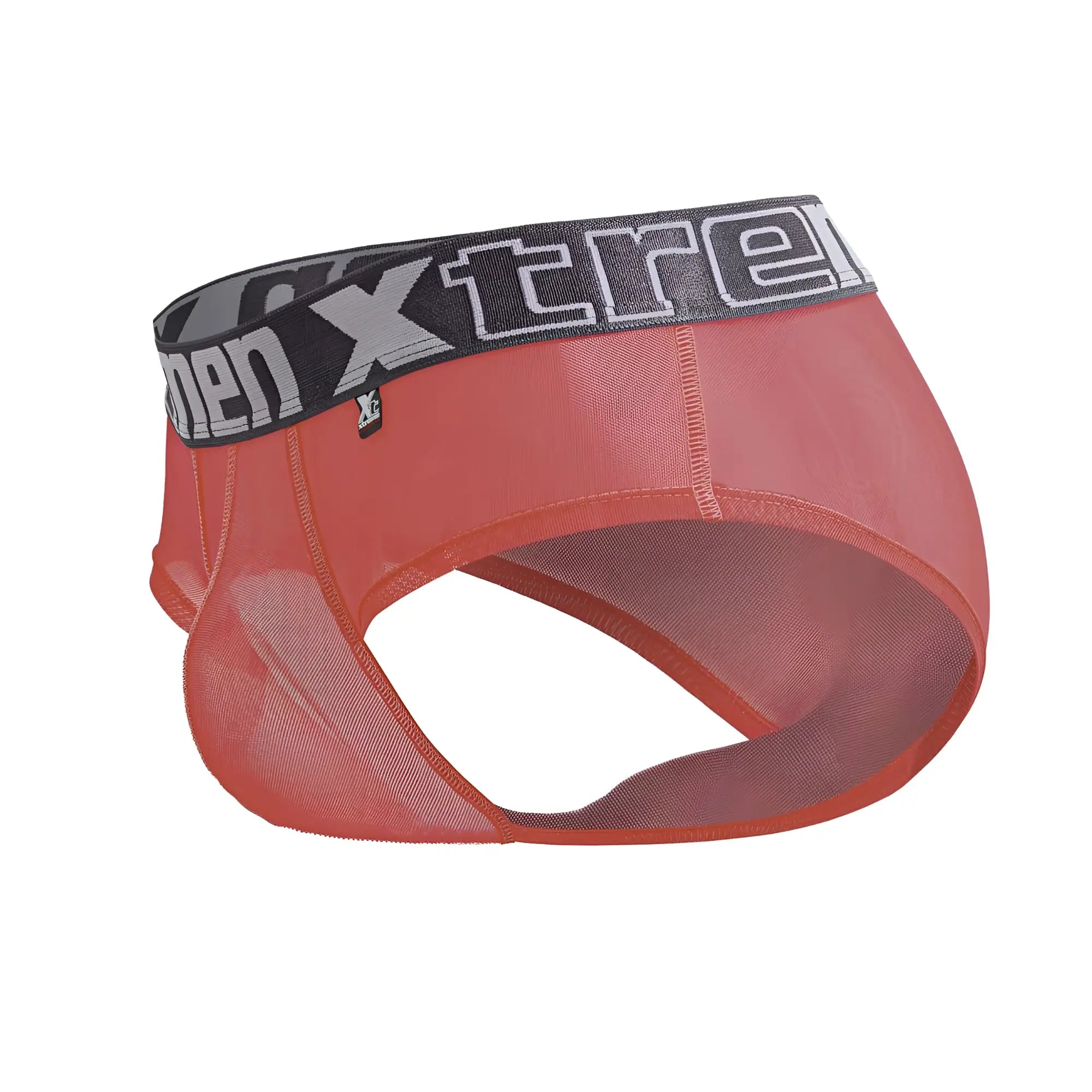 Red mesh men’s Xtremen 91236 microfiber briefs in fuchsia with black and gray xtreme logo waistband