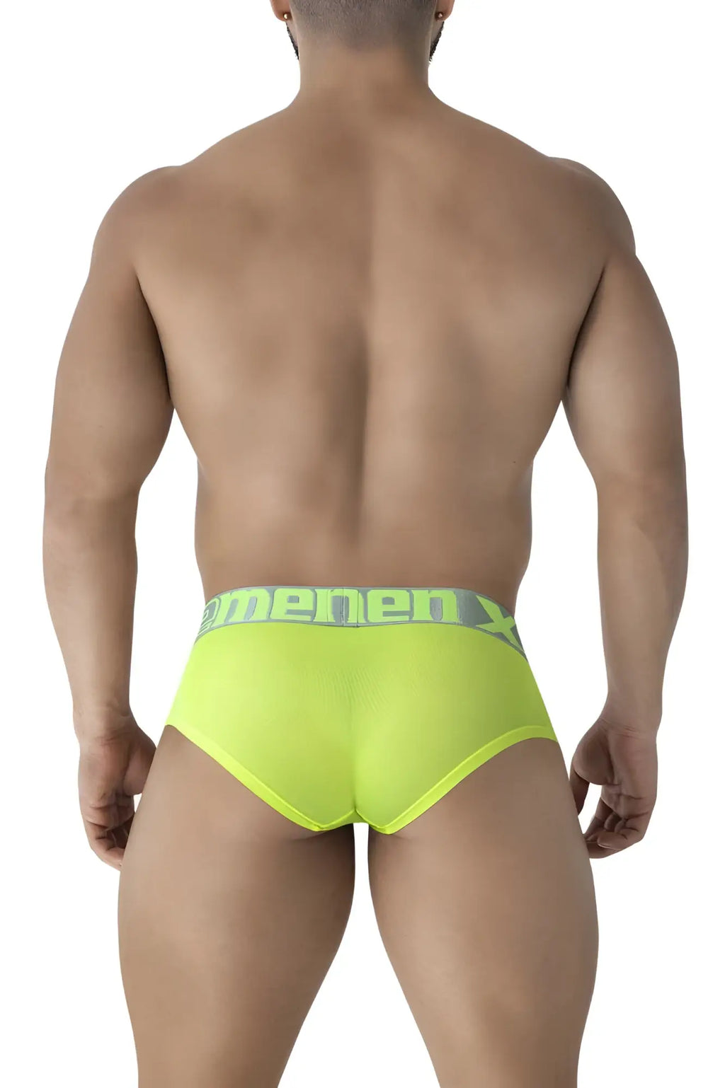 Neon green menenx xtremen 91236 microfiber briefs with matching elastic waistband in dark gray logo