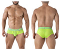 Xtremen 91236 neon green microfiber men’s briefs with matching waistband featuring menx logo in dark gray lettering