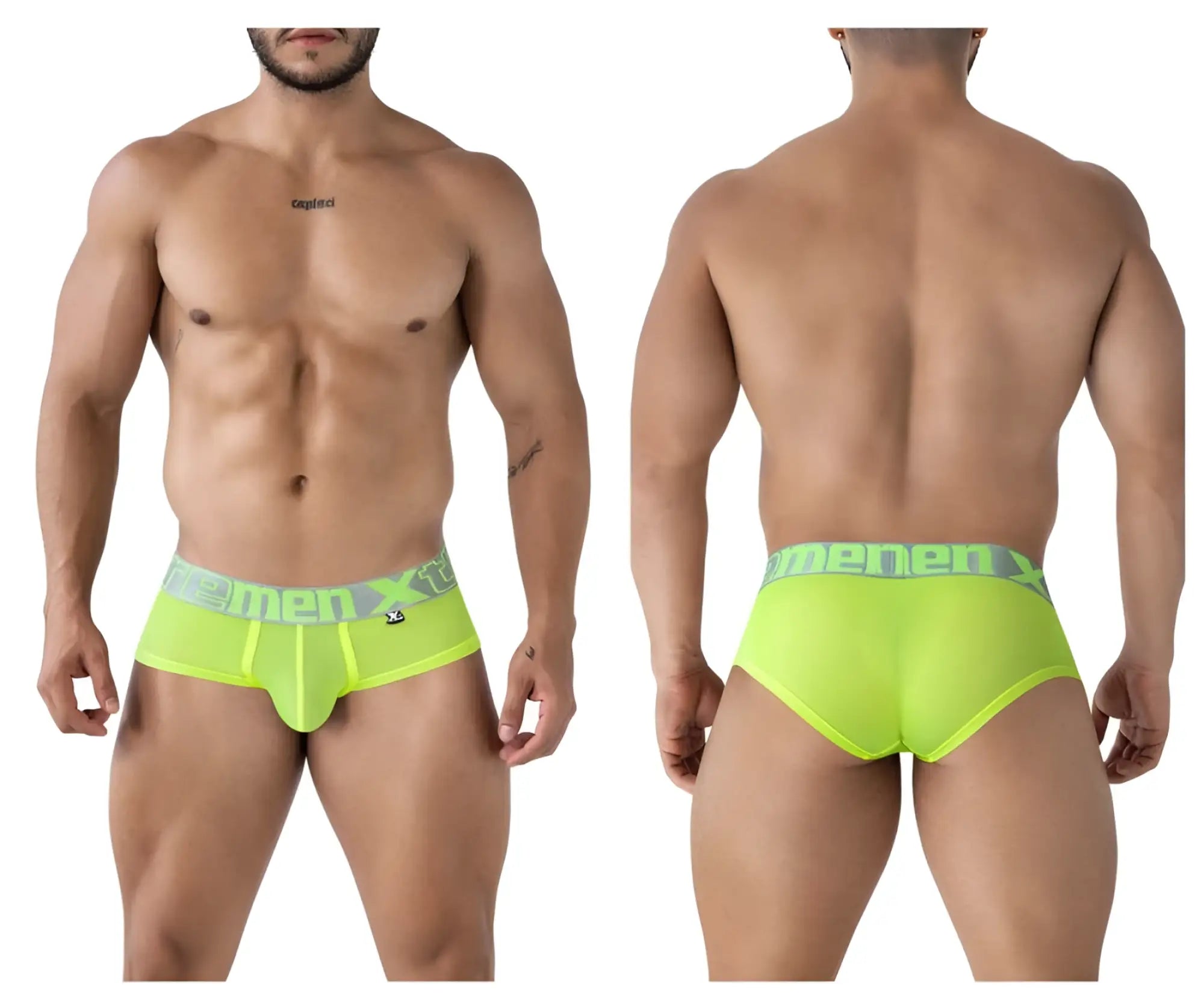 Xtremen 91236 neon green microfiber men’s briefs with matching waistband featuring menx logo in dark gray lettering