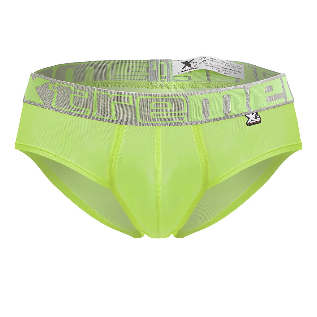 Neon green xtremen 91236 microfiber briefs with mesh fabric and gray elastic waistband featuring extreme logo