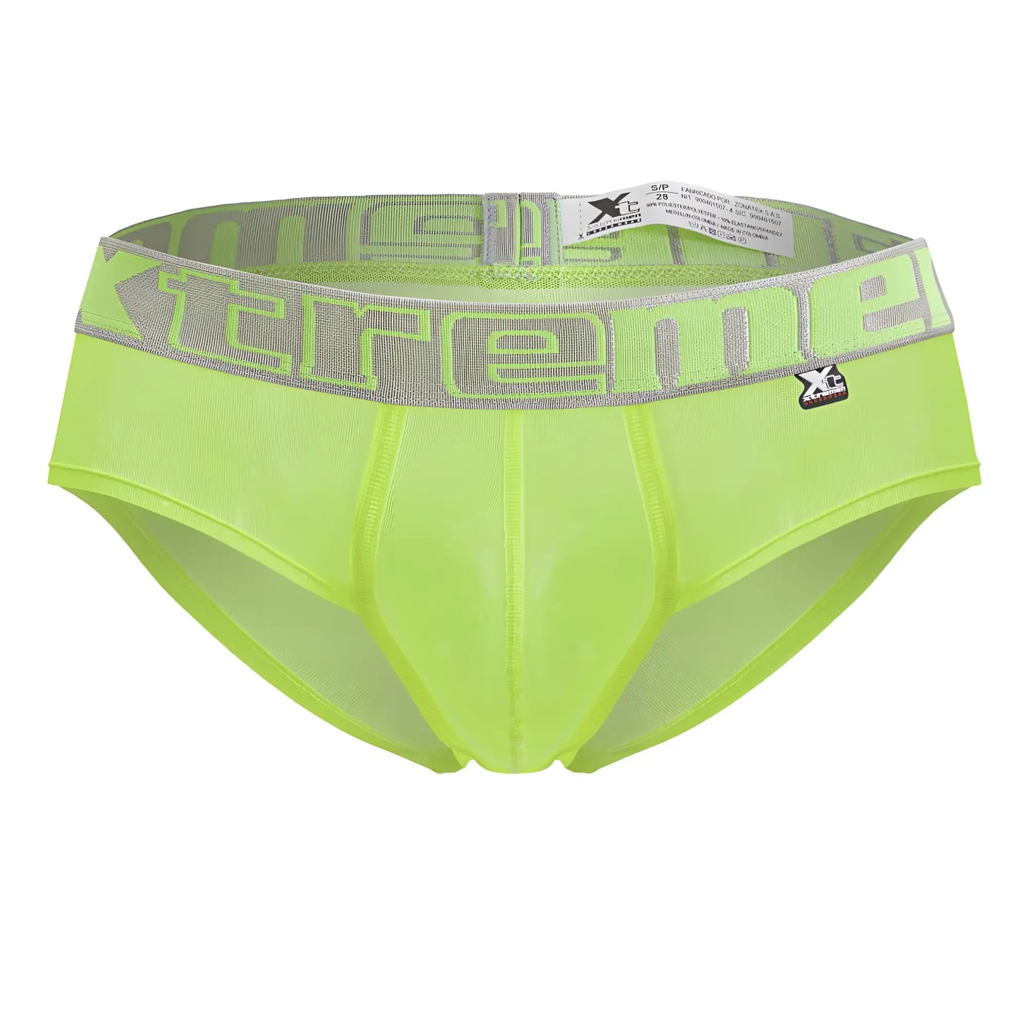Neon green xtremen 91236 microfiber briefs with mesh fabric and gray elastic waistband featuring extreme logo
