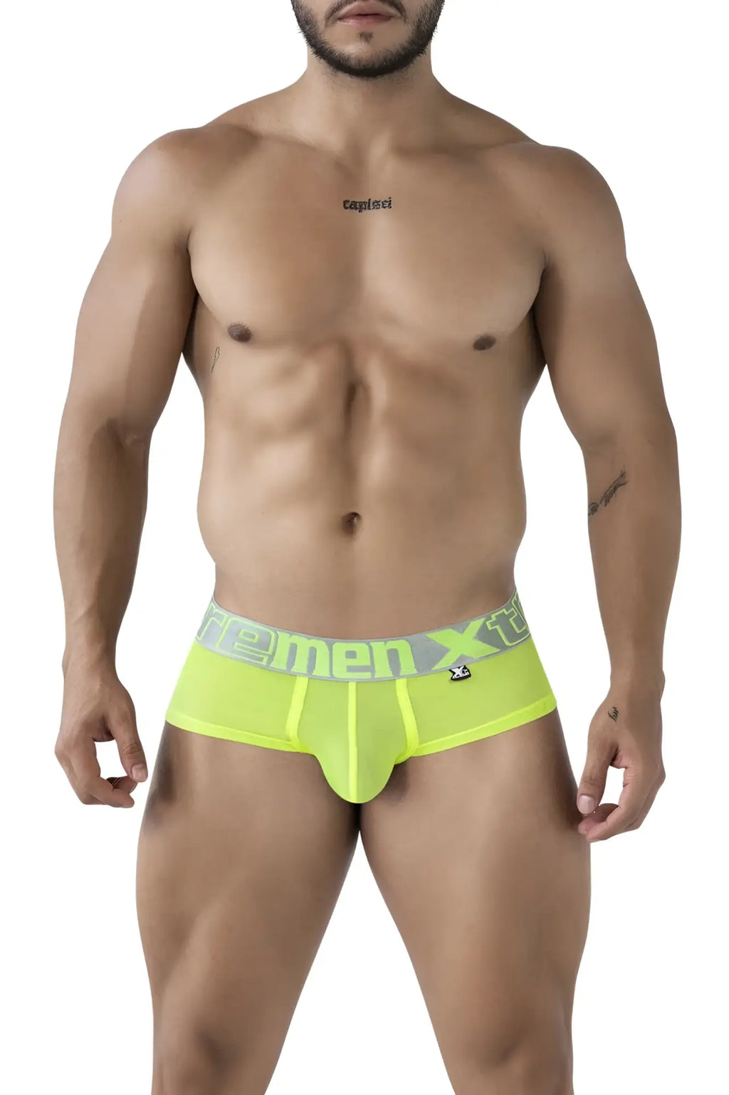 Bright neon yellow xtremen 91236 microfiber men’s briefs with gray waistband and green femen xt logo