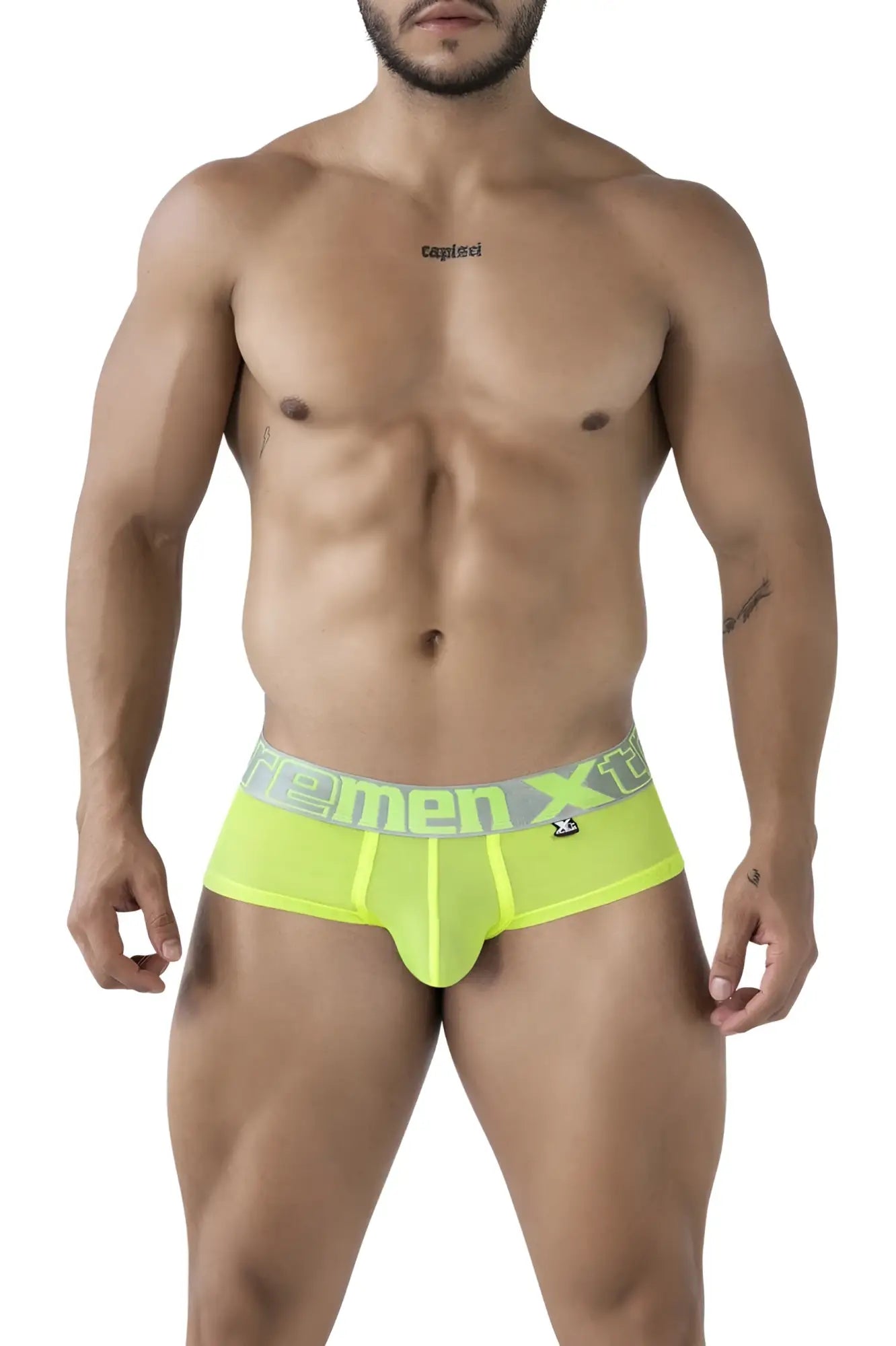Bright neon yellow xtremen 91236 microfiber men’s briefs with gray waistband and green femen xt logo