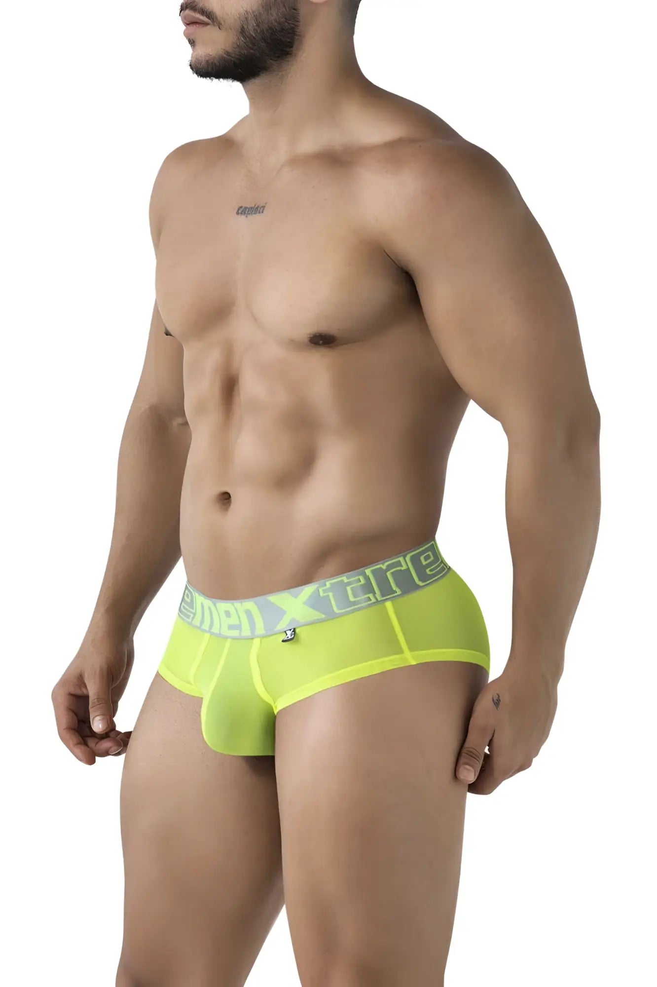 Bright neon yellow menxtreme microfiber briefs with contrasting gray waistband in neon green color