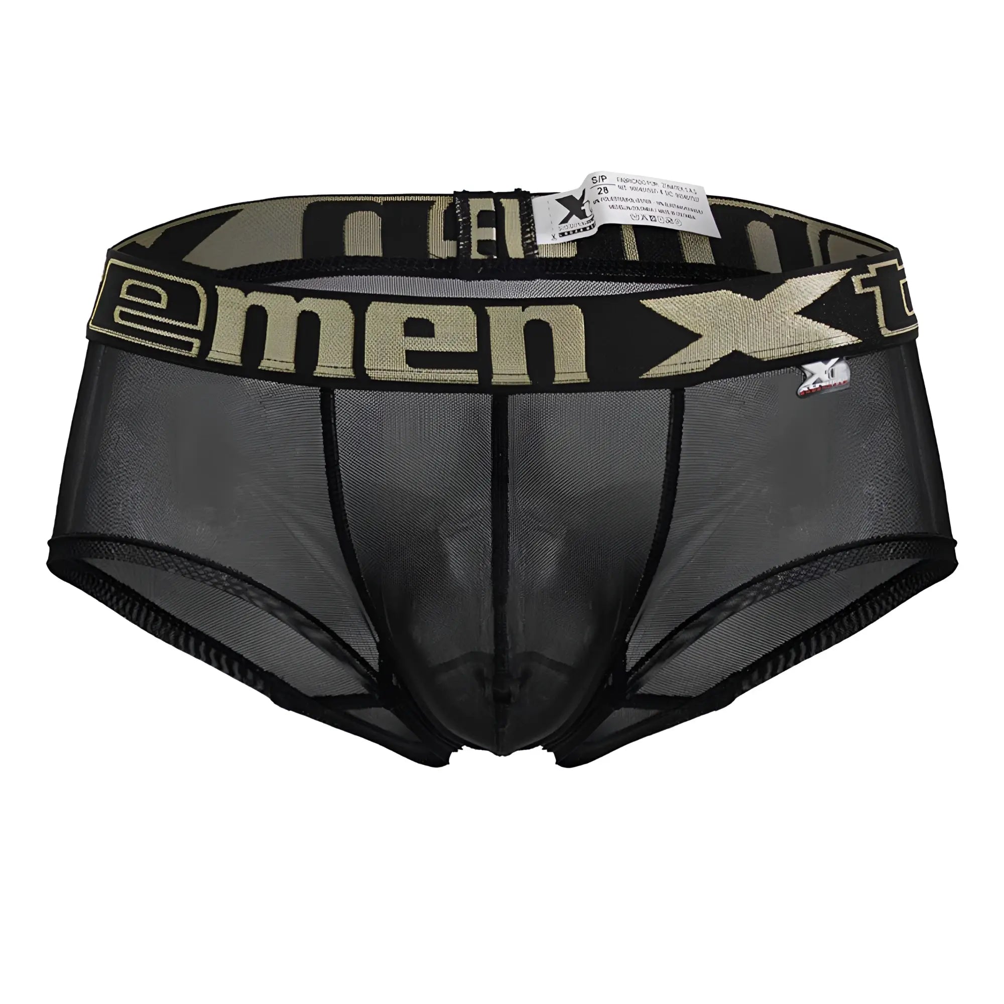 Xtremen 91237 microfiber black mesh men’s trunks with camouflage waistband and beige xmen logo