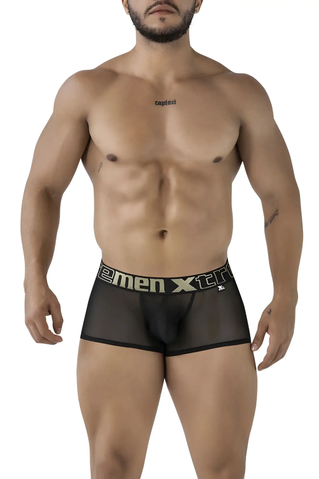 Black sheer men’s boxer briefs with a black elastic waistband featuring men xtra logo in white microfiber trunks