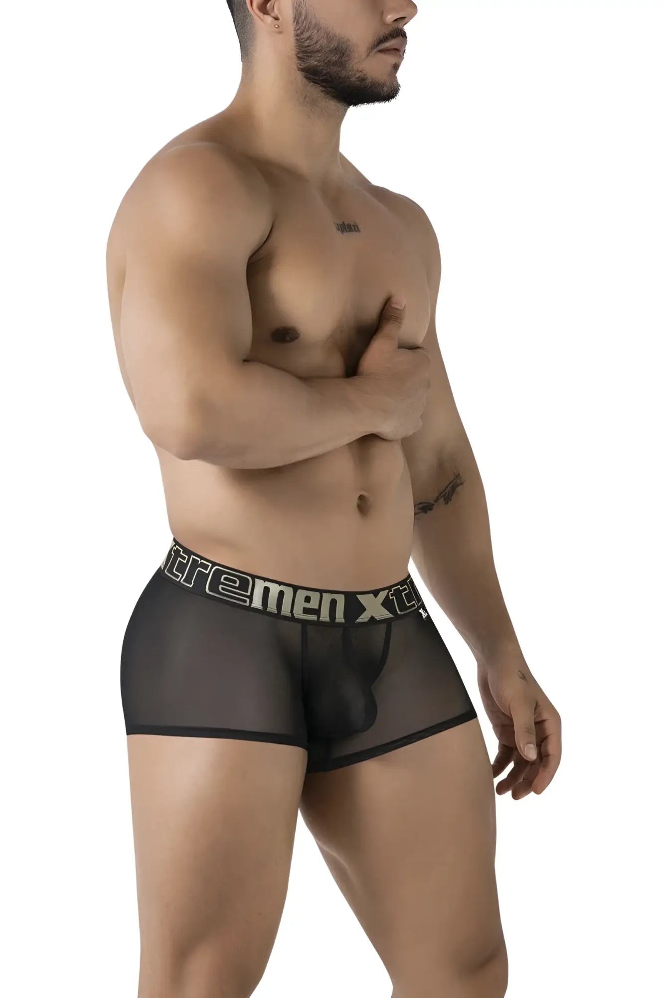 Black sheer men’s boxer briefs xtremen 91237 microfiber trunks with contrasting white and black logo band