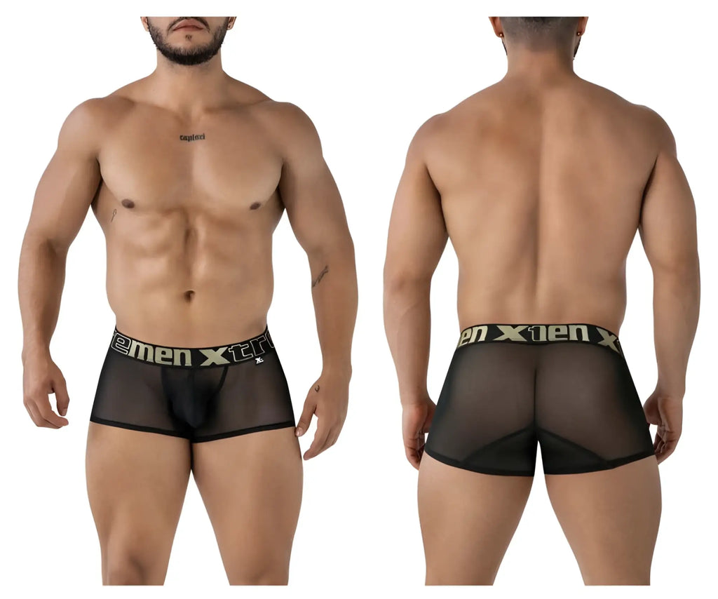 Black sheer mesh mens briefs with black elastic xtreme logo waistband microfiber trunks color black front view