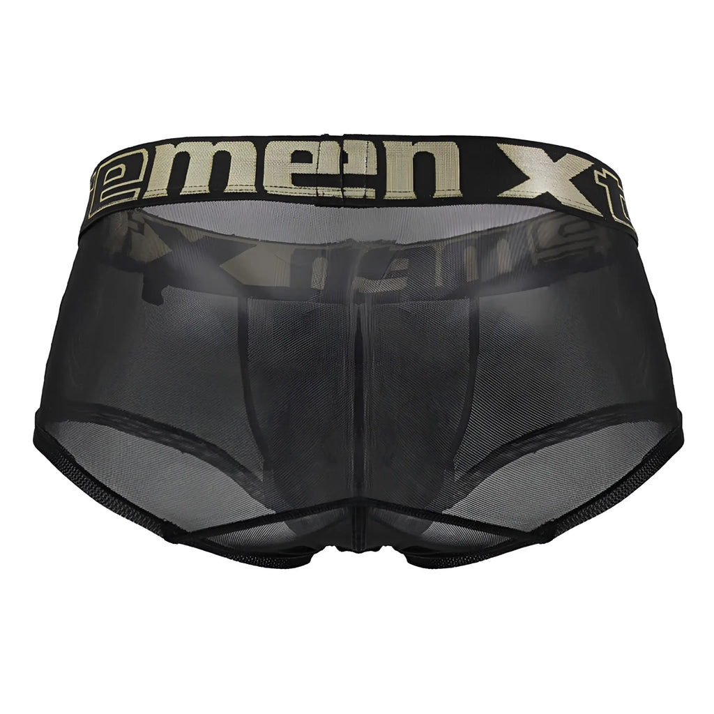 Black sheer mesh men’s underwear with black elastic waistband featuring beige xtreme branding xtremen 91237 microfiber trunks