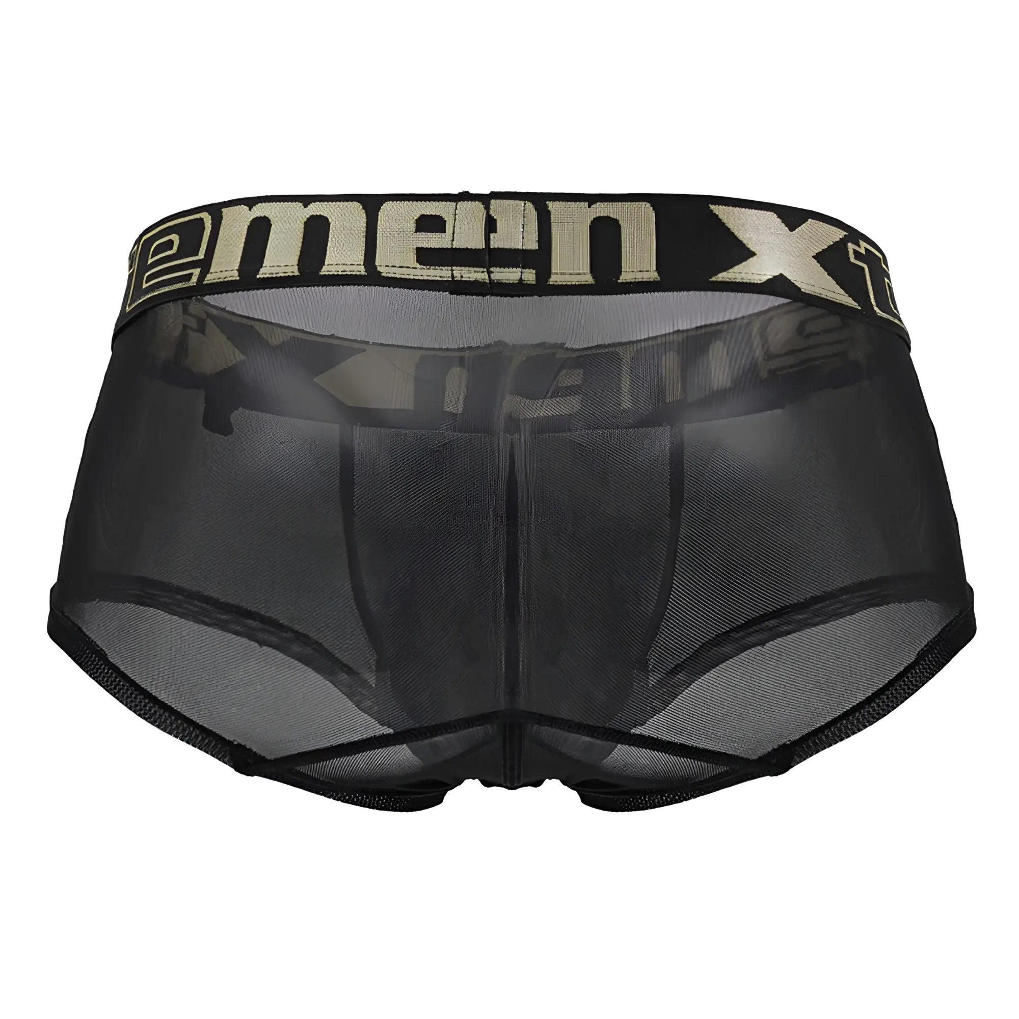 Black sheer mesh men’s underwear with black elastic waistband featuring beige xtreme branding xtremen 91237 microfiber trunks