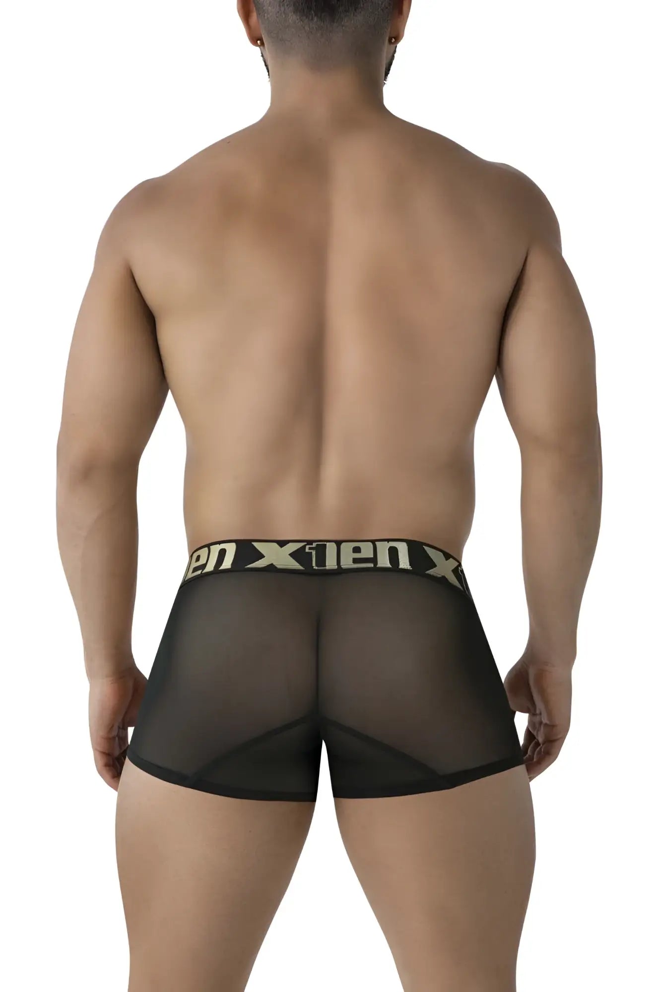 Black Xtremen 91237 microfiber trunks featuring sheer mesh briefs with a black waistband and gold x1en logo