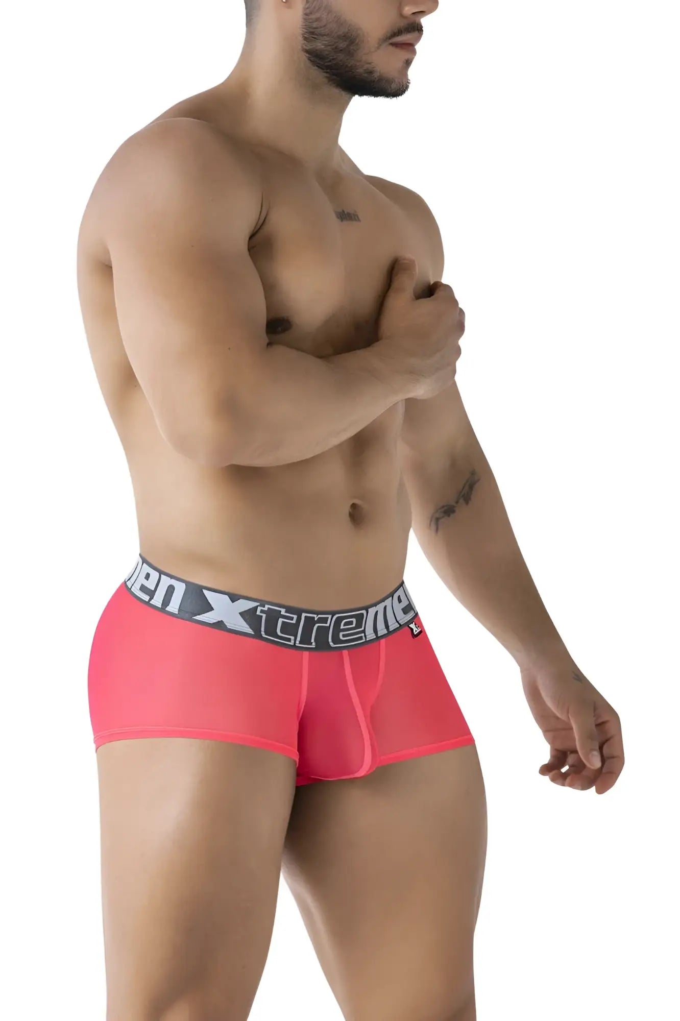 Bright pink xtremen 91237 microfiber trunks with gray elastic waistband featuring bold black xtreme branding