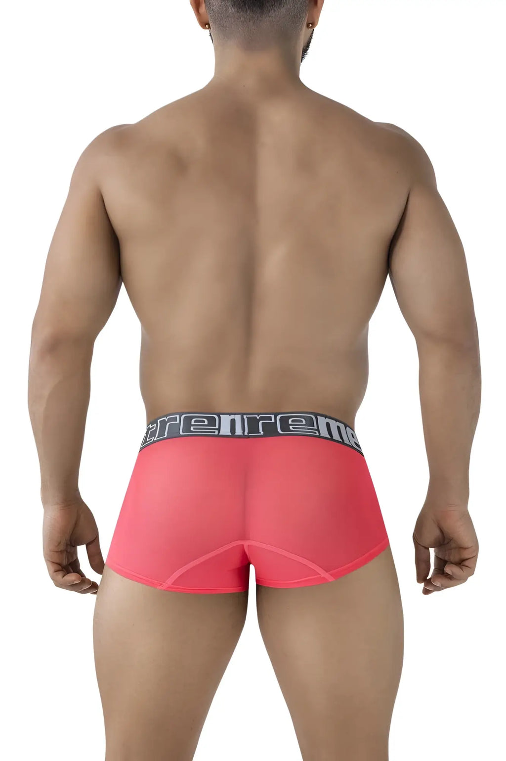 Bright pink sheer microfiber boxer briefs with black and gray elastic waistband featuring trenreme logo