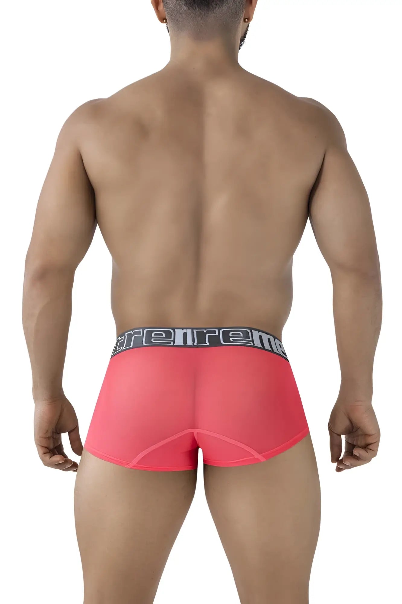 Bright pink sheer microfiber boxer briefs with black and gray elastic waistband featuring trenreme logo