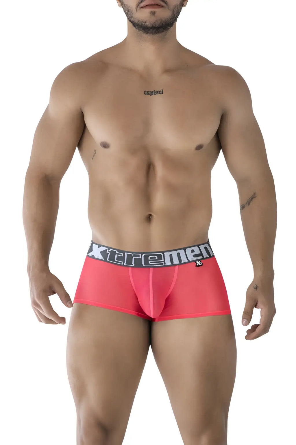 Xtremen 91237 microfiber trunks in bright red sheer mesh with a black and white xtremen waistband logo