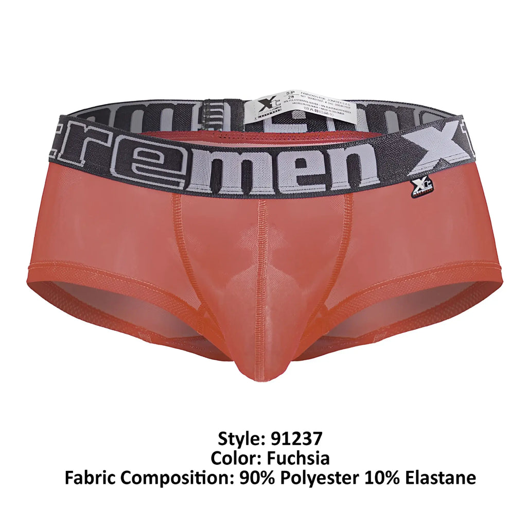Fuchsia xtremen 91237 microfiber sheer men’s briefs with black and gray xtrememen logo elastic waistband