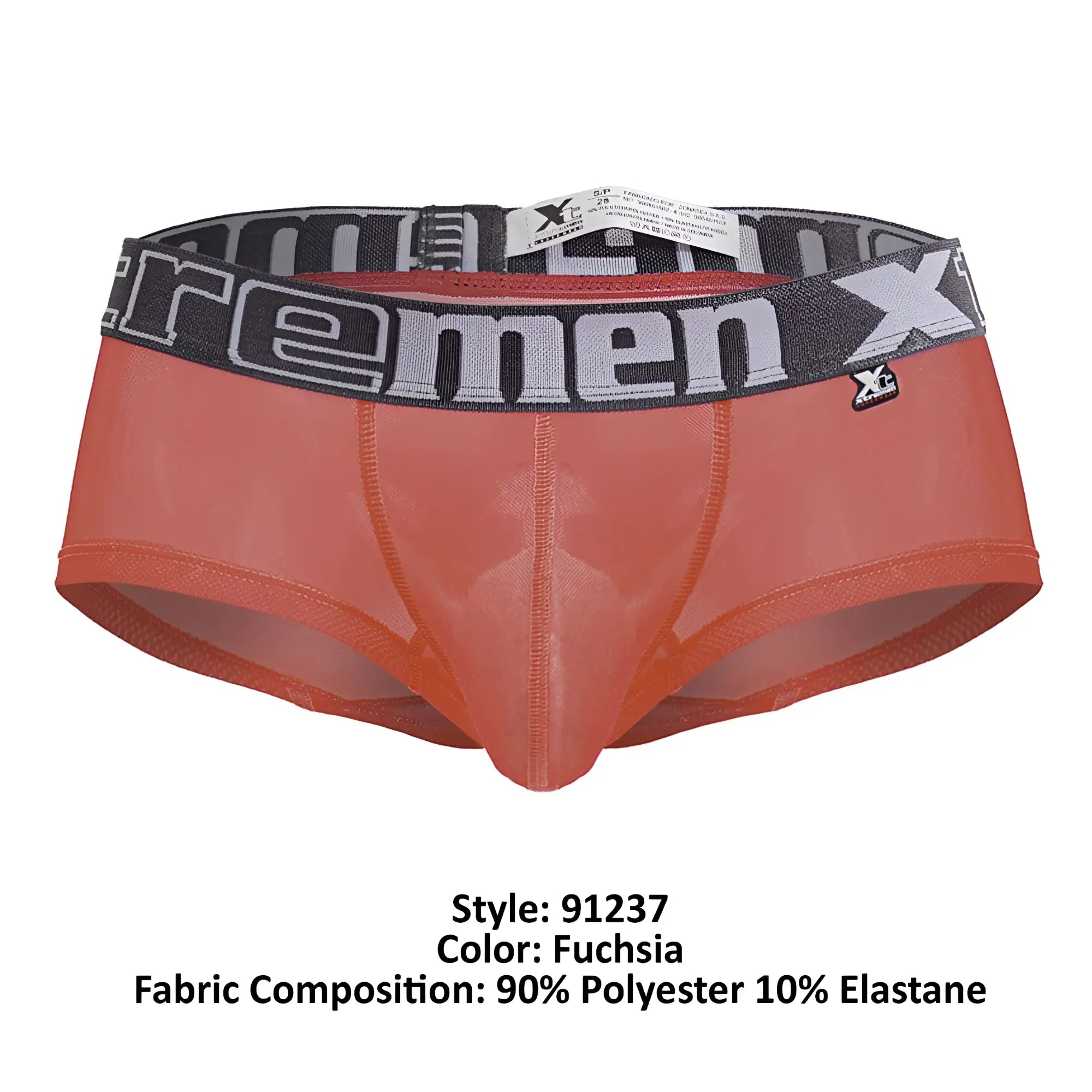 Fuchsia xtremen 91237 microfiber sheer men’s briefs with black and gray xtrememen logo elastic waistband