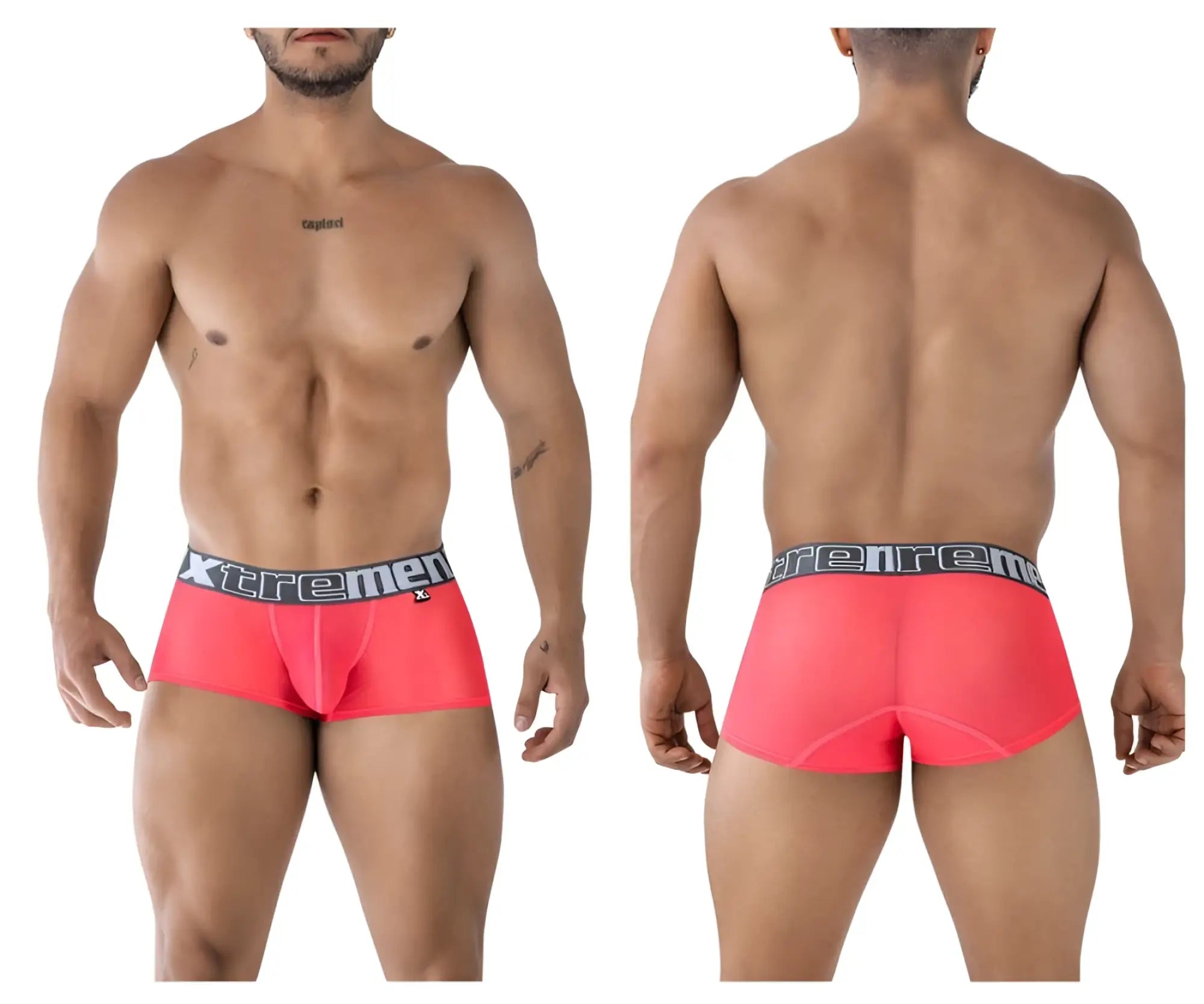 Vibrant coral-colored microfiber men’s briefs with black xtremen waistband in fuchsia color 91237 trunks