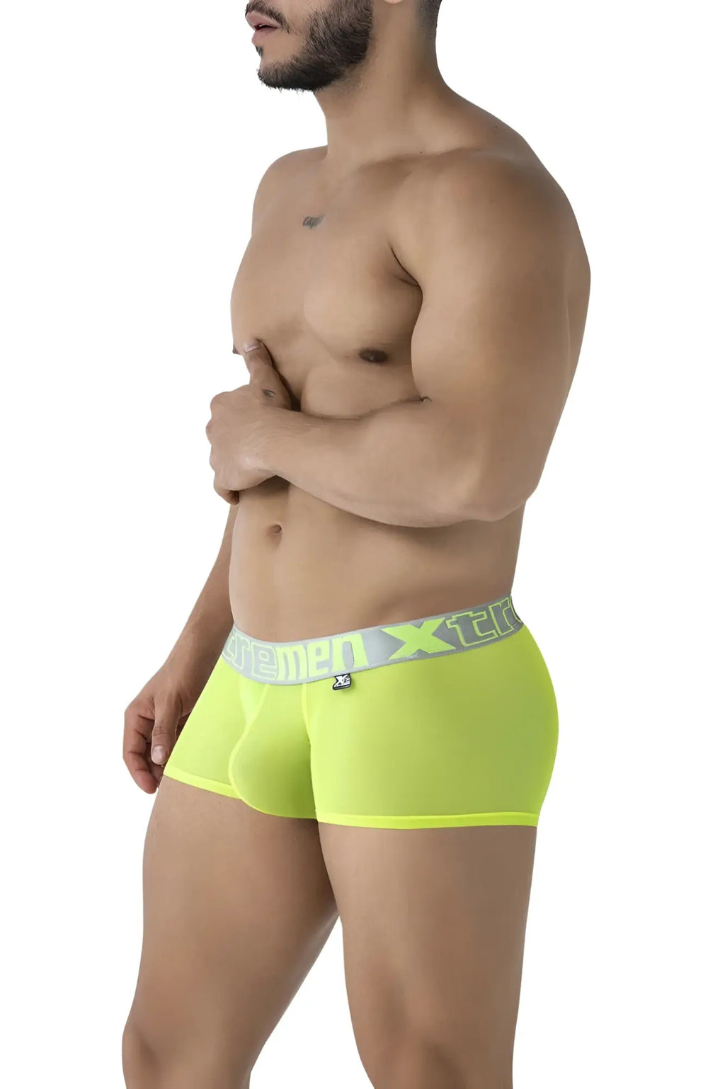 Bright neon green xtremen 91237 microfiber men’s trunks with gray and white branded waistband front view