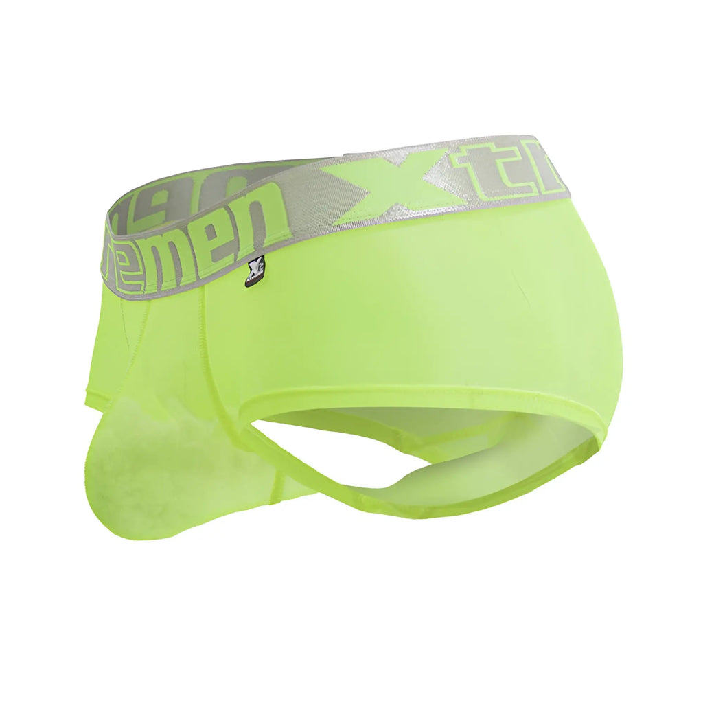 Bright neon green xtremen 91237 microfiber men’s trunks with gray elastic waistband and neon green logo lettering