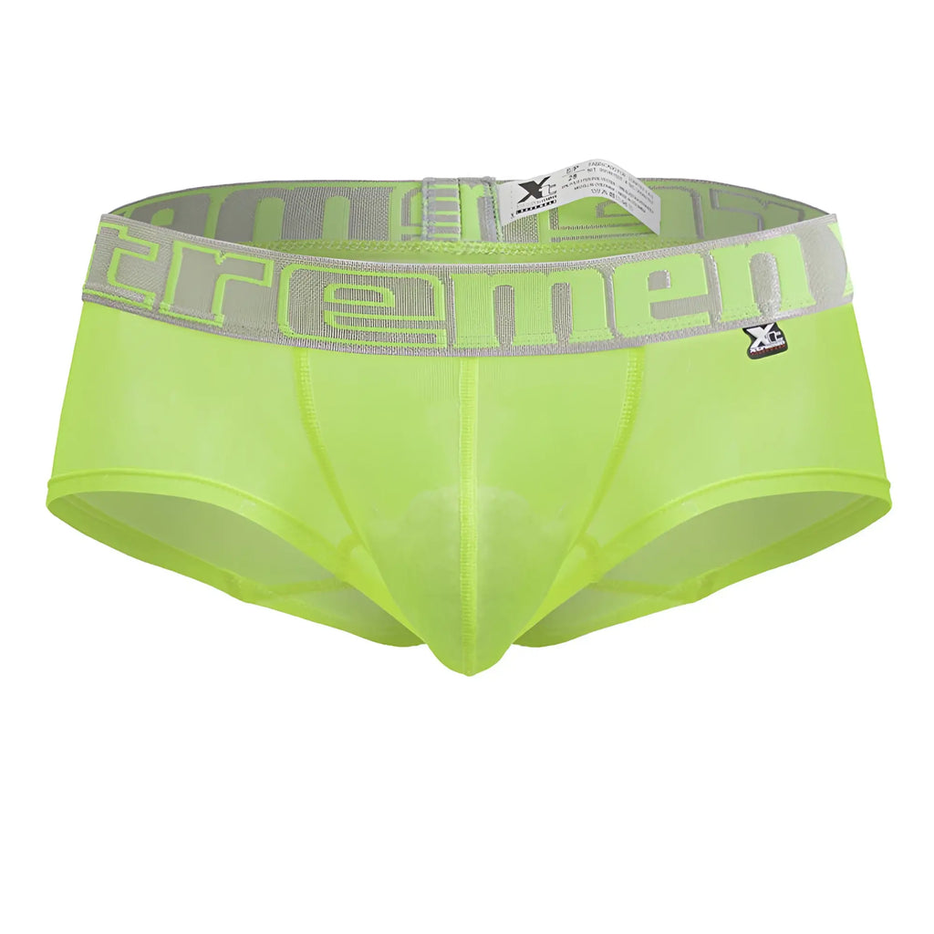Xtremen 91237 microfiber neon green sheer men’s trunks with gray elastic waistband and neon green tremen logo