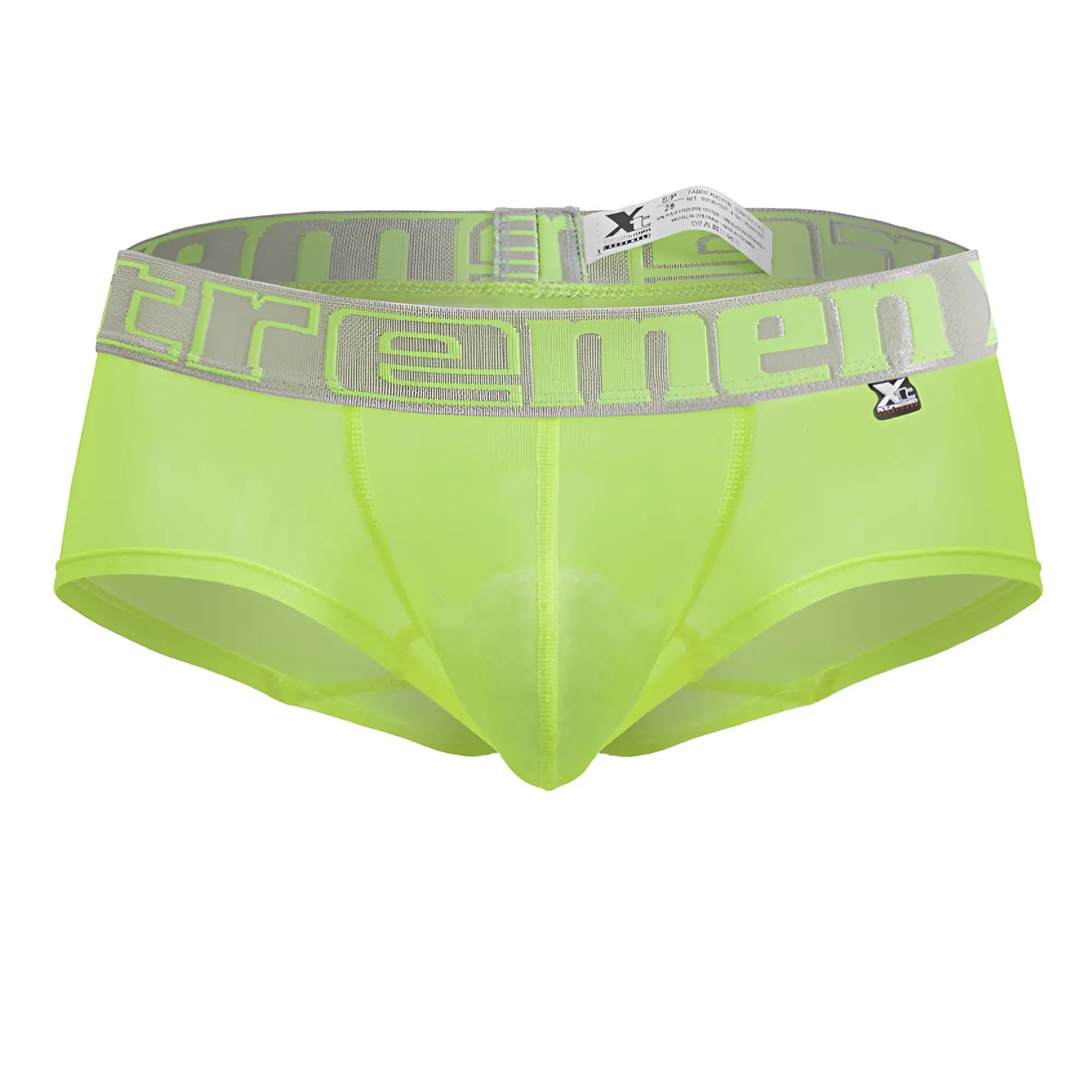 Xtremen 91237 microfiber neon green sheer men’s trunks with gray elastic waistband and neon green tremen logo