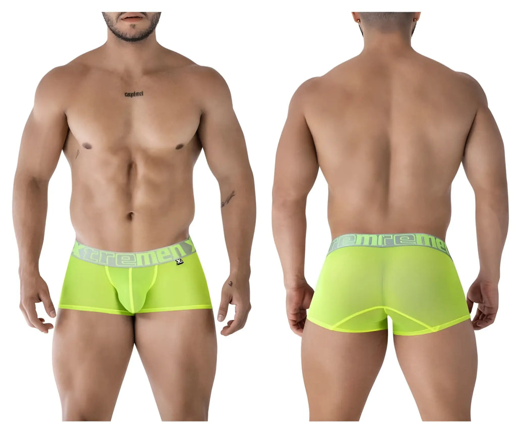 Bright neon green xtremen 91237 microfiber sheer men’s briefs with matching elastic waistband and gray extreme logo