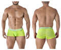 Bright neon green xtremen 91237 microfiber sheer men’s briefs with matching elastic waistband and gray extreme logo