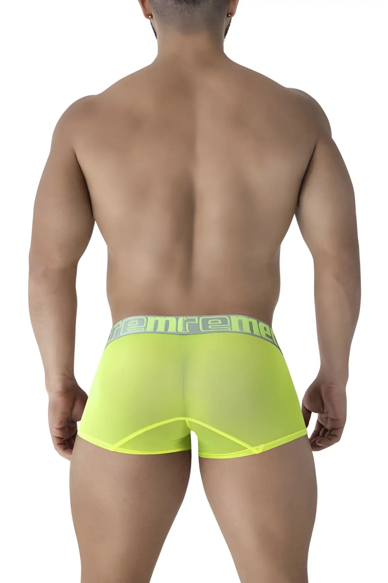 Neon green xtremen 91237 microfiber trunks featuring sheer boxer briefs with emre branded elastic waistband in dark gray lettering