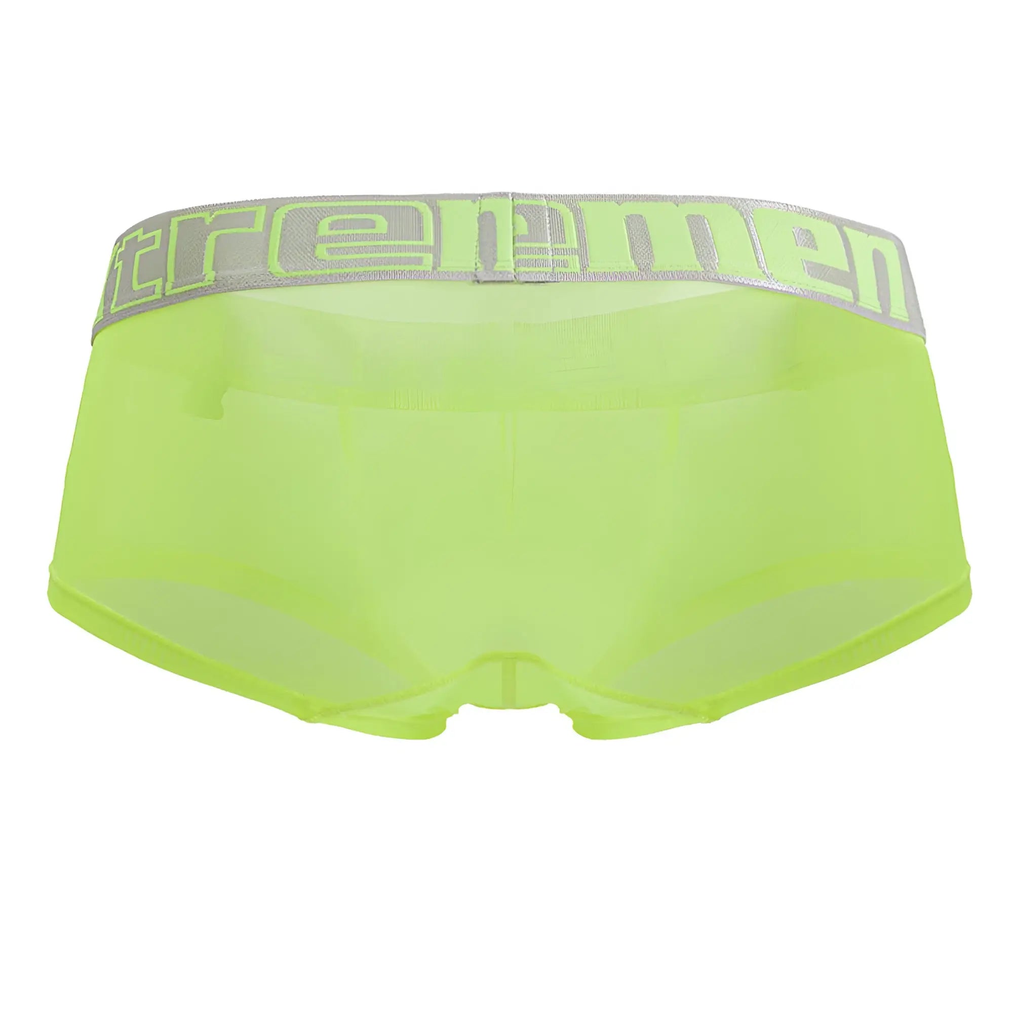 Neon green sheer microfiber men’s briefs with gray elastic waistband and extreMen logo in neon green lettering