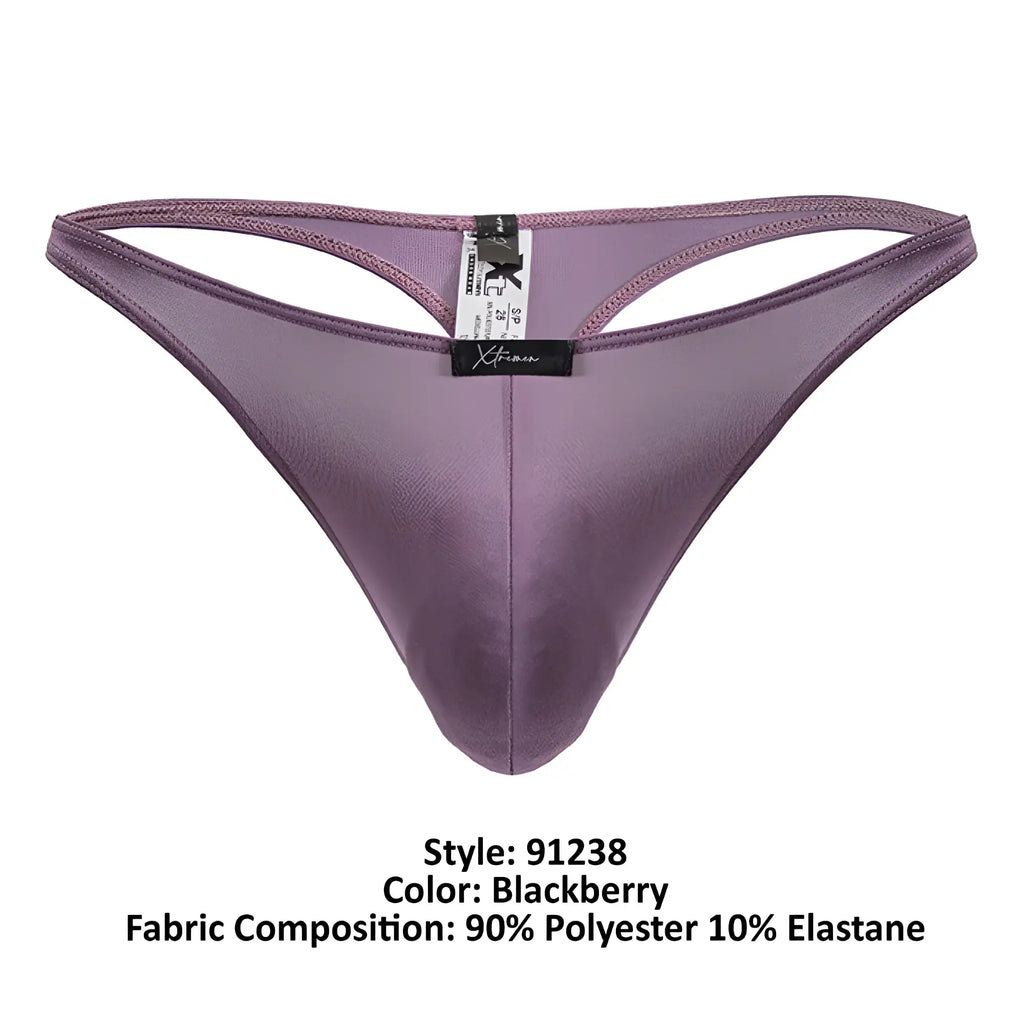 Purple satin-like microfiber thong with black Xtremen brand tag and size label in blackberry color