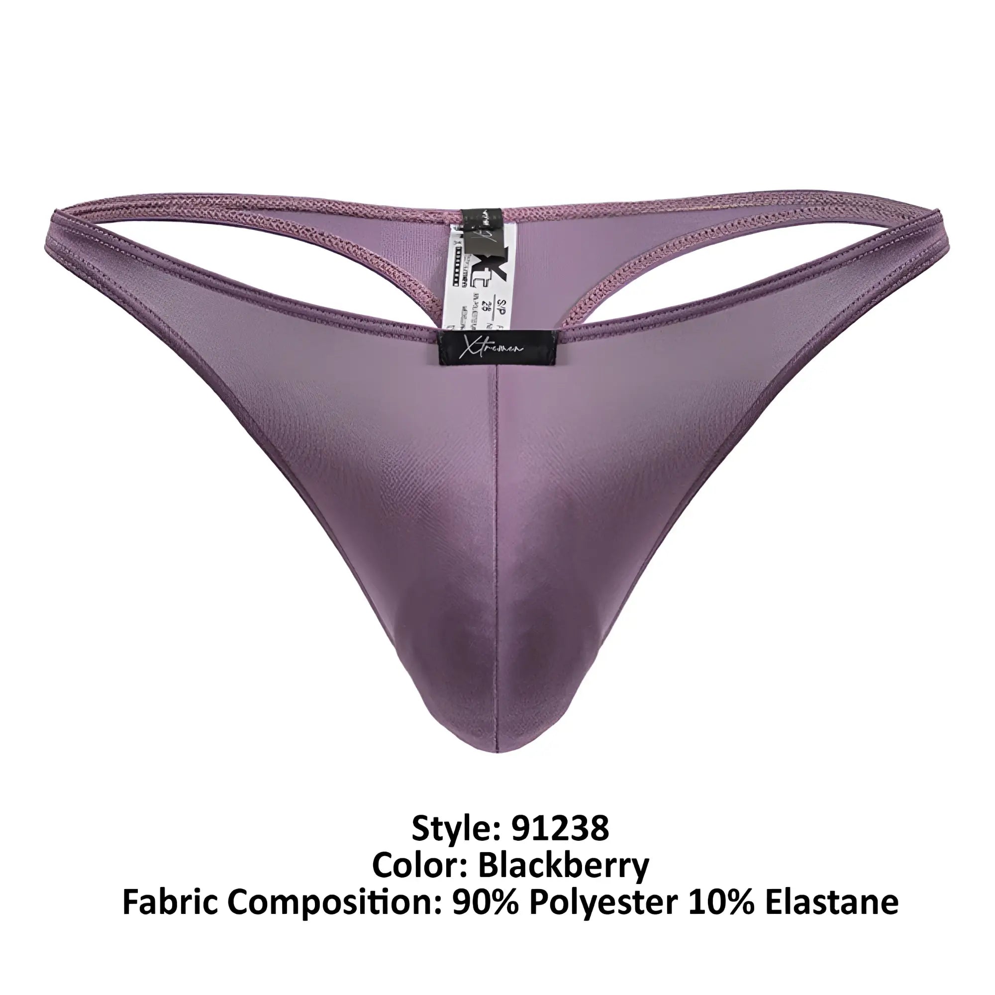 Purple satin-like microfiber thong with black Xtremen brand tag and size label in blackberry color