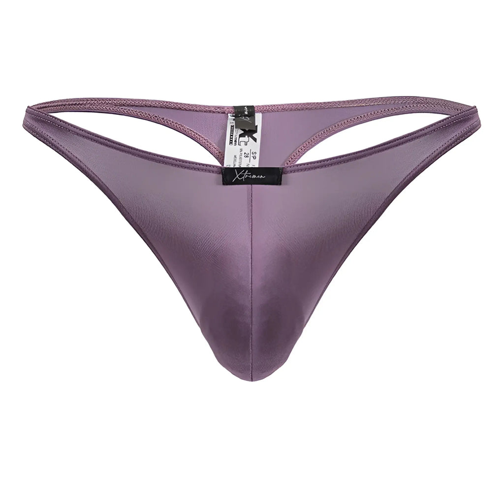 Purple satin Xtremen 91238 microfiber thong in blackberry with a sleek smooth texture and central seam in front