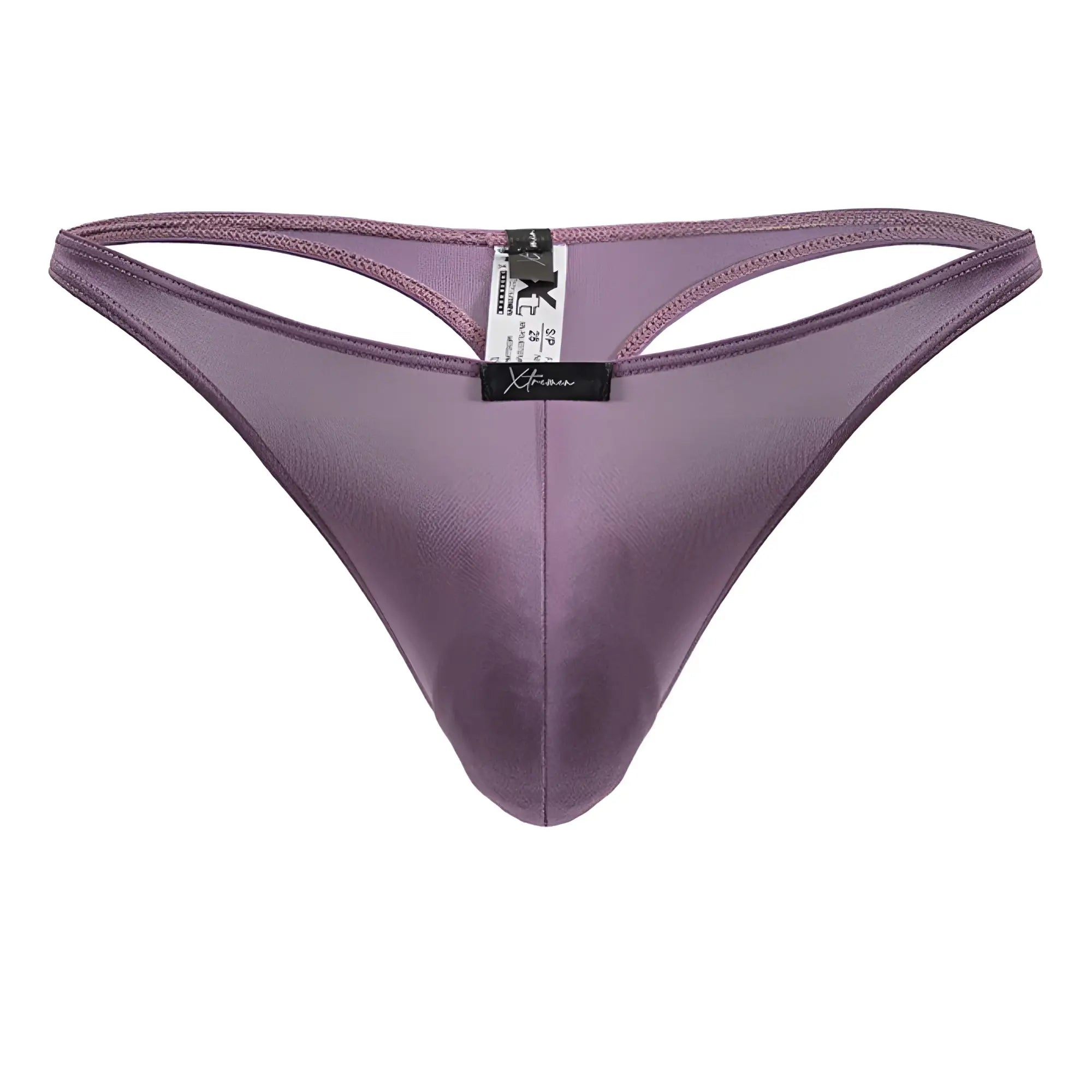 Purple satin Xtremen 91238 microfiber thong in blackberry with a sleek smooth texture and central seam in front