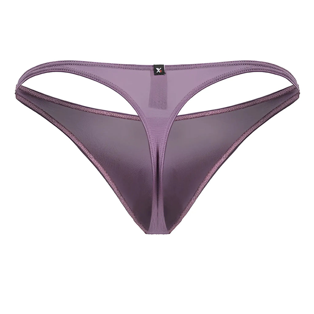 Purple satin microfiber thong with thin supportive waistband and delicate stitching in blackberry color