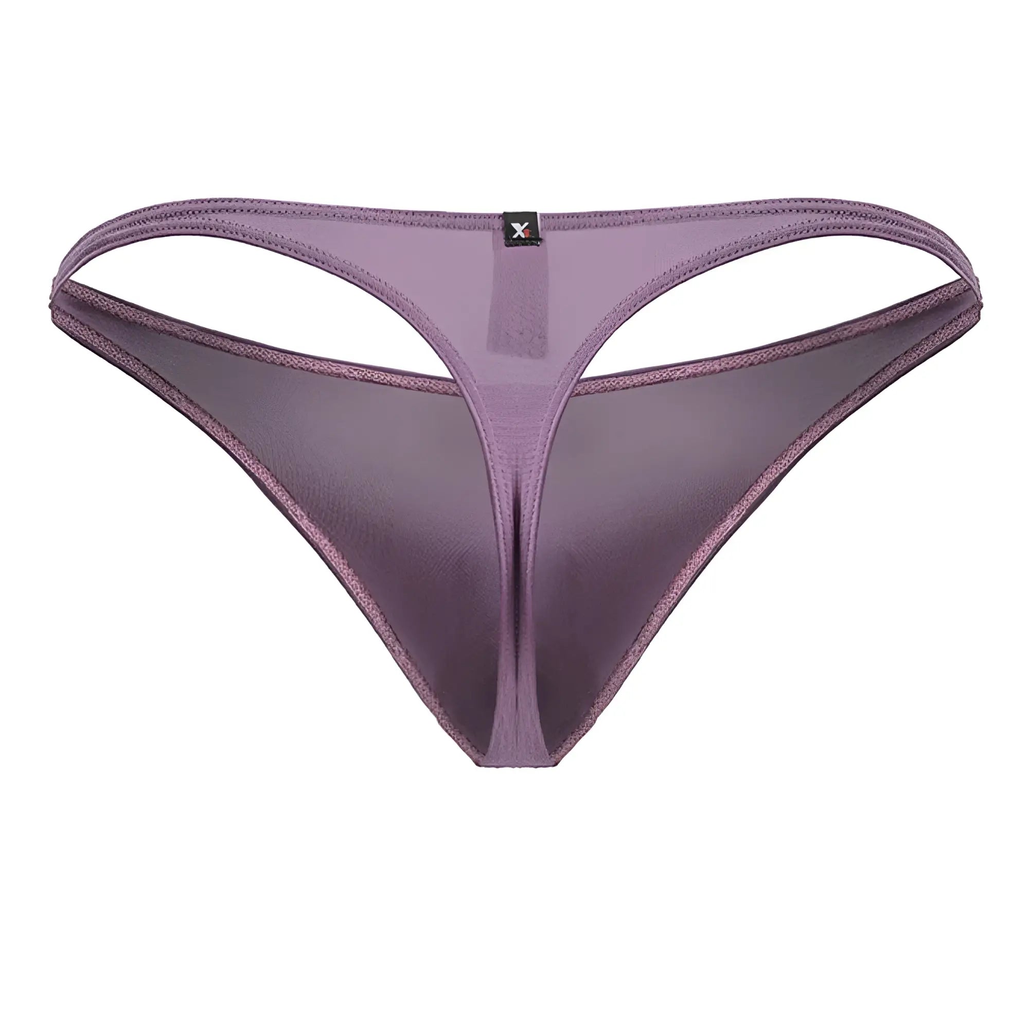 Purple satin microfiber thong with thin supportive waistband and delicate stitching in blackberry color