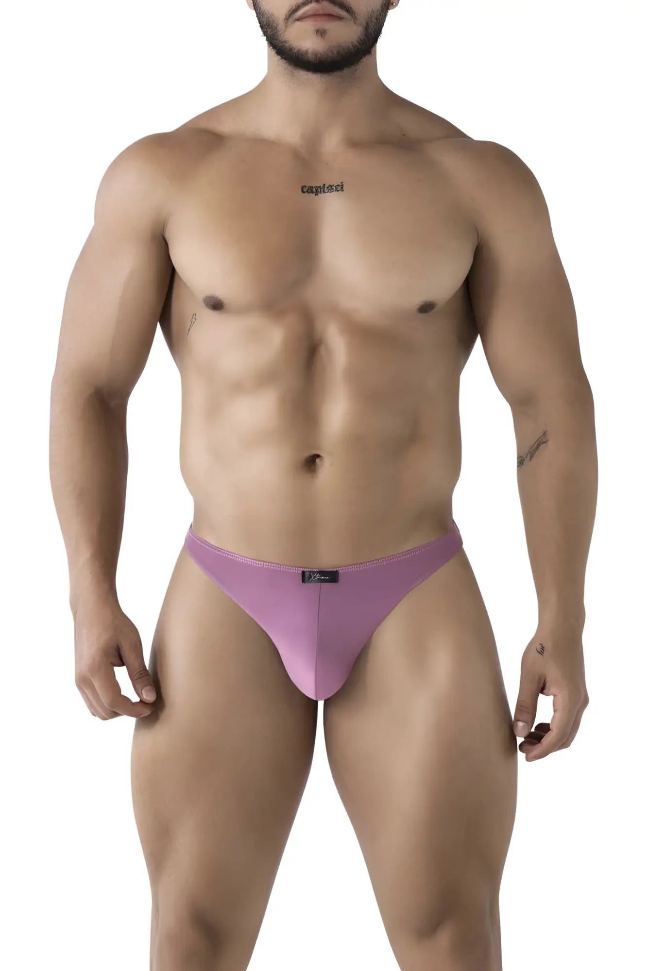 Purple blackberry microfiber thong with sleek minimalist design and small black xtremen brand tag at waistband