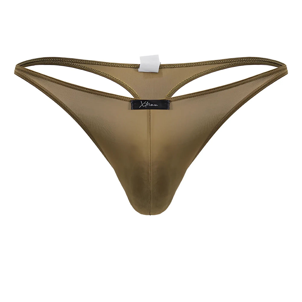 Xtremen 91238 microfiber thong in olive green mesh with satin finish and black brand tag showing the front side