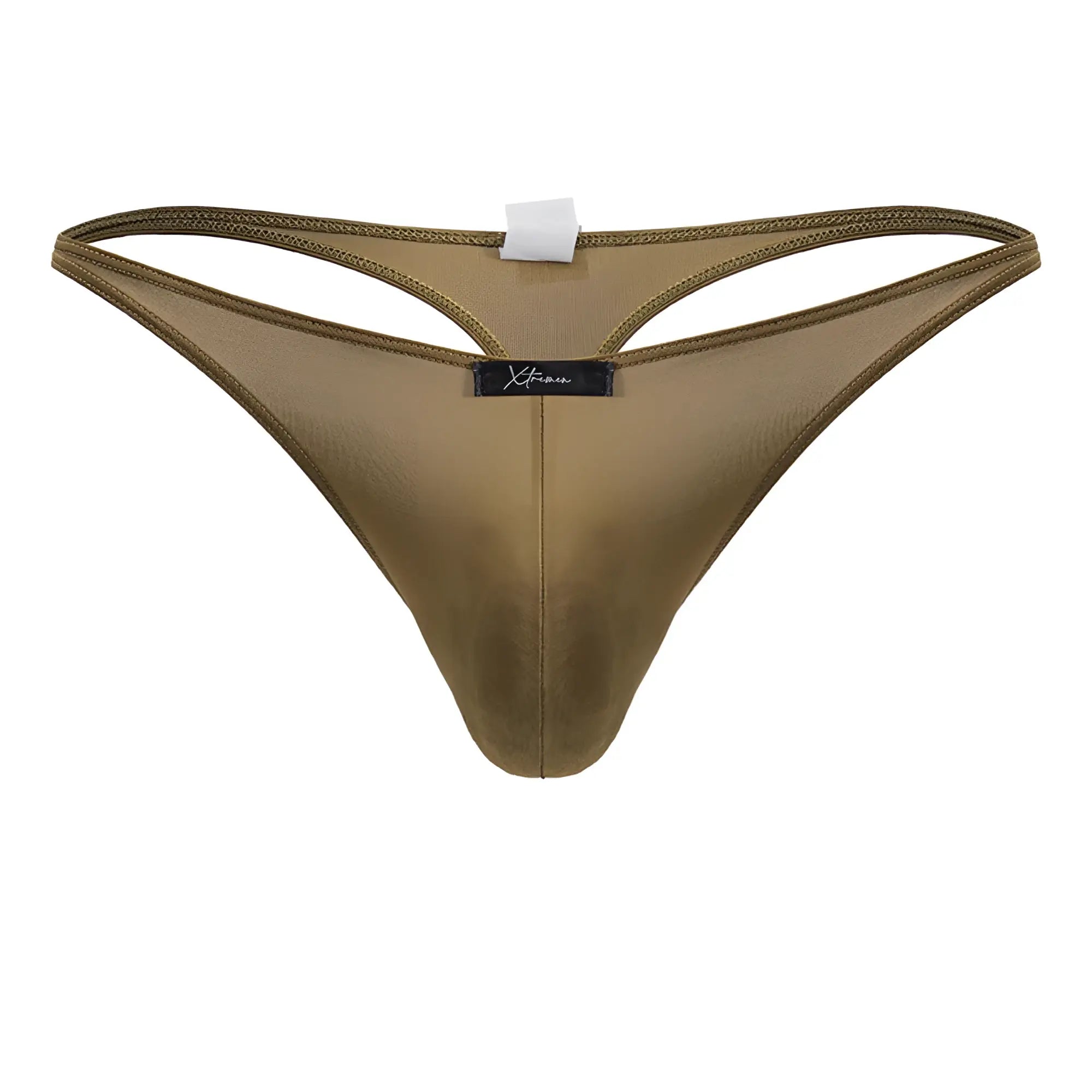 Xtremen 91238 microfiber thong in olive green mesh with satin finish and black brand tag showing the front side