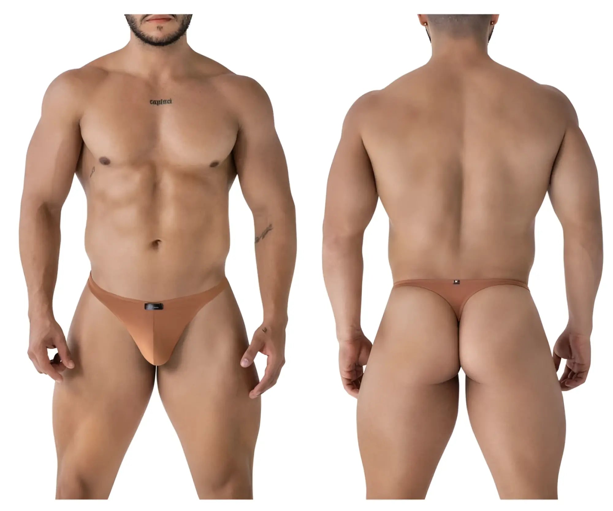 Tan-colored xtremen 91238 microfiber thong with sleek minimalist design and subtle front waistband branding