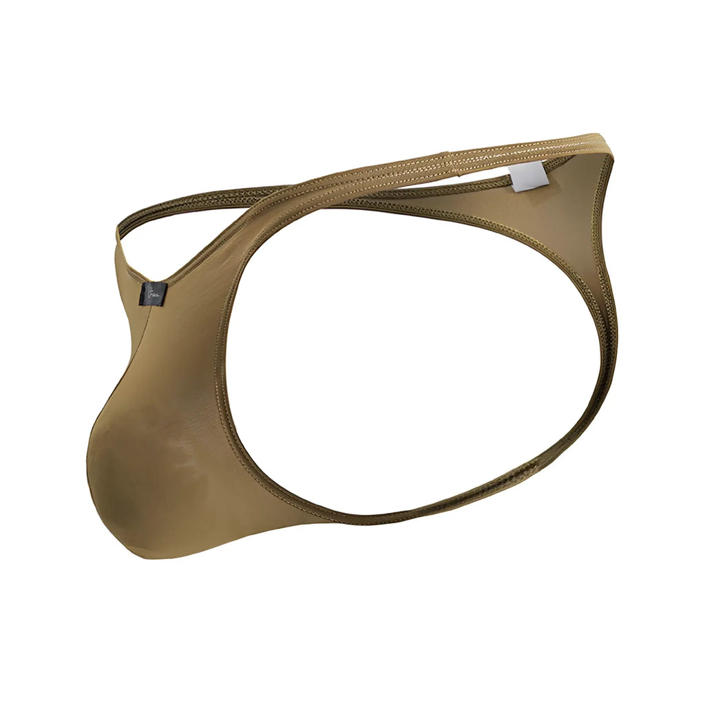 Tan Xtremen 91238 microfiber thong with smooth stretch fabric and reinforced stitching shown from the back side