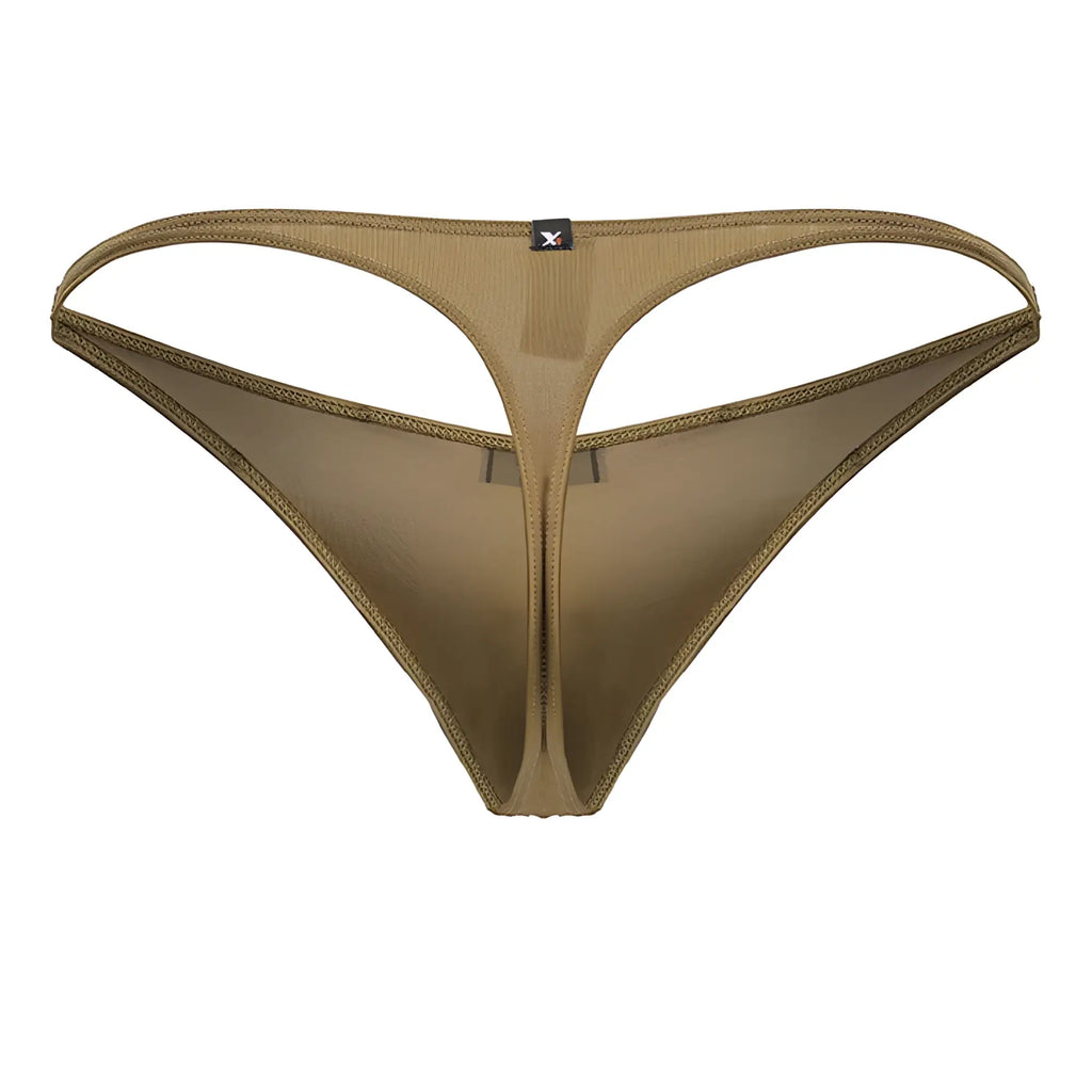 Xtremen 91238 microfiber thong in tan with ribbed texture central zipper and reinforced stitching along edges