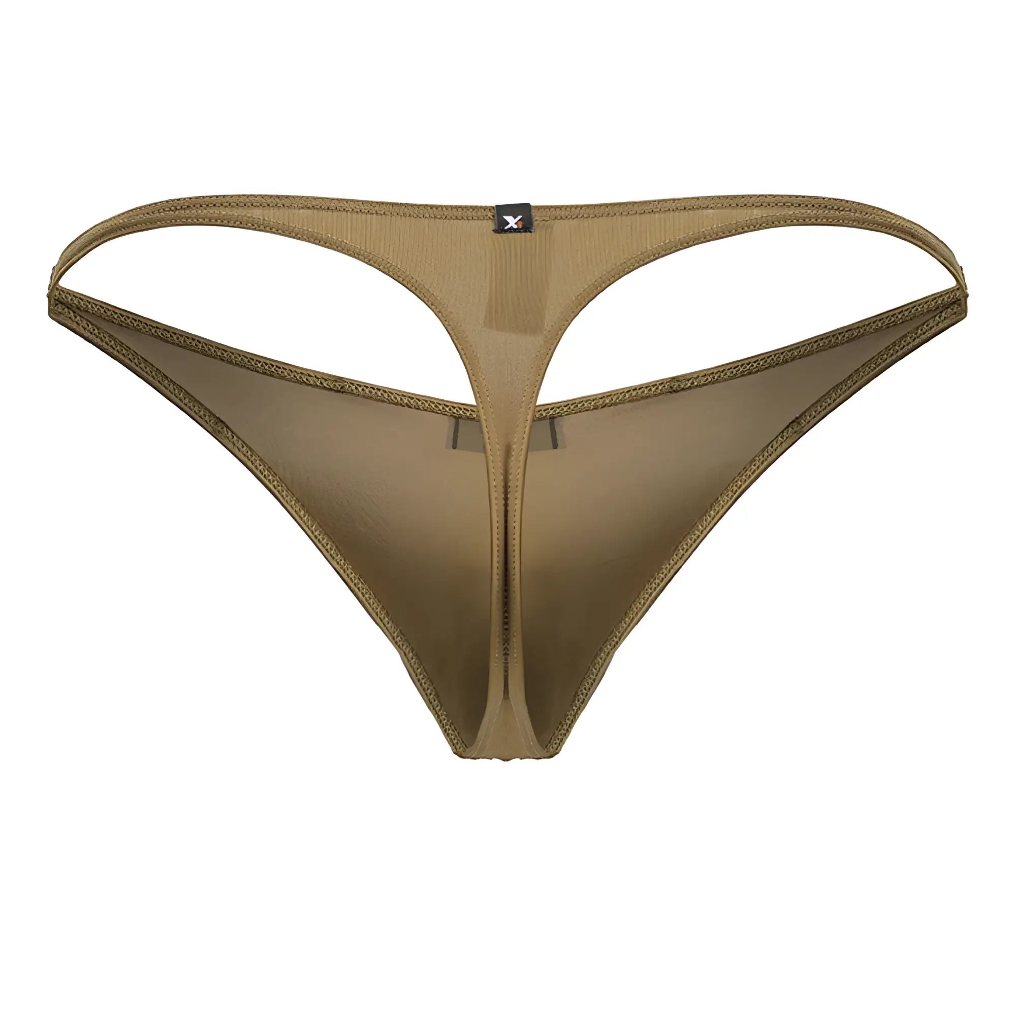 Xtremen 91238 microfiber thong in tan with ribbed texture central zipper and reinforced stitching along edges