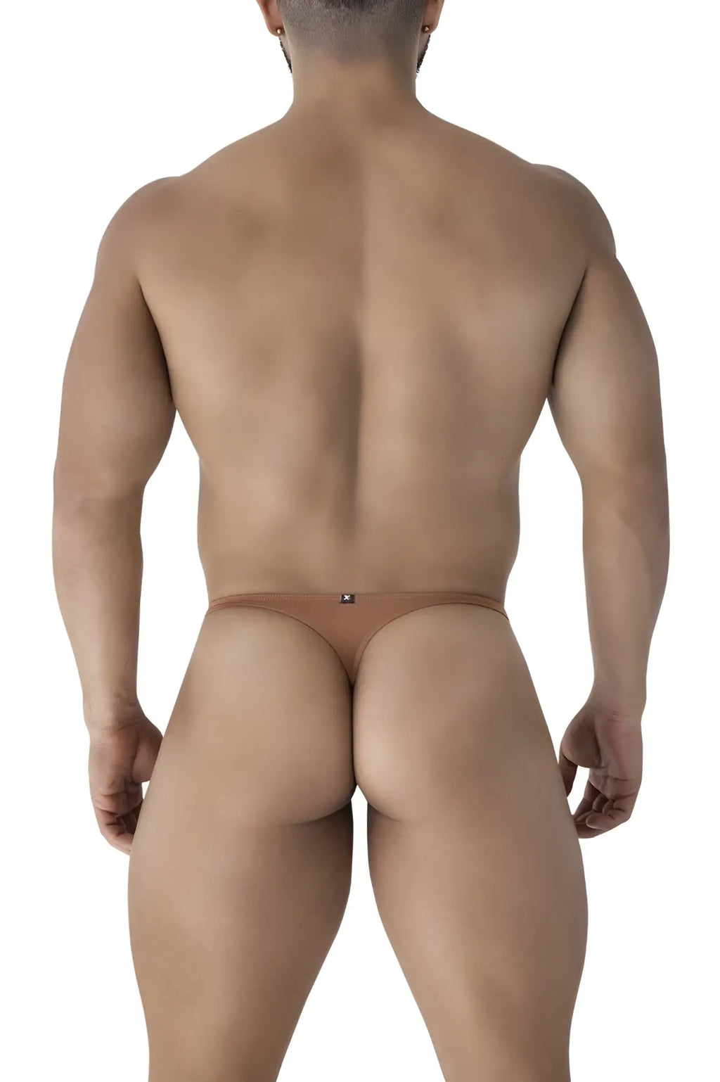 Back side of xtremen 91238 microfiber tan thong briefs with a small black logo on the brown backband