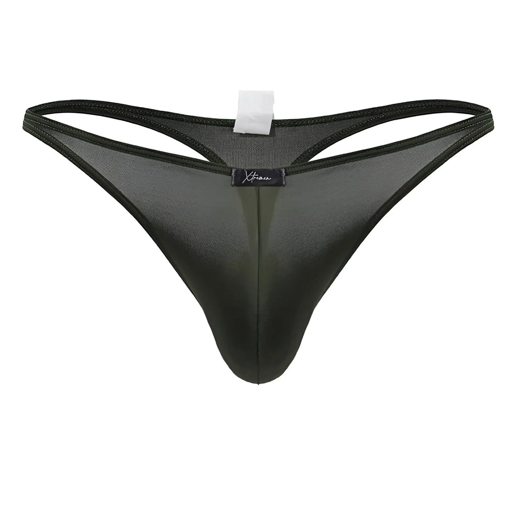 Xtremen 91238 microfiber thong in green sheer mesh with subtle sheen and reinforced elastic waistband showing back side