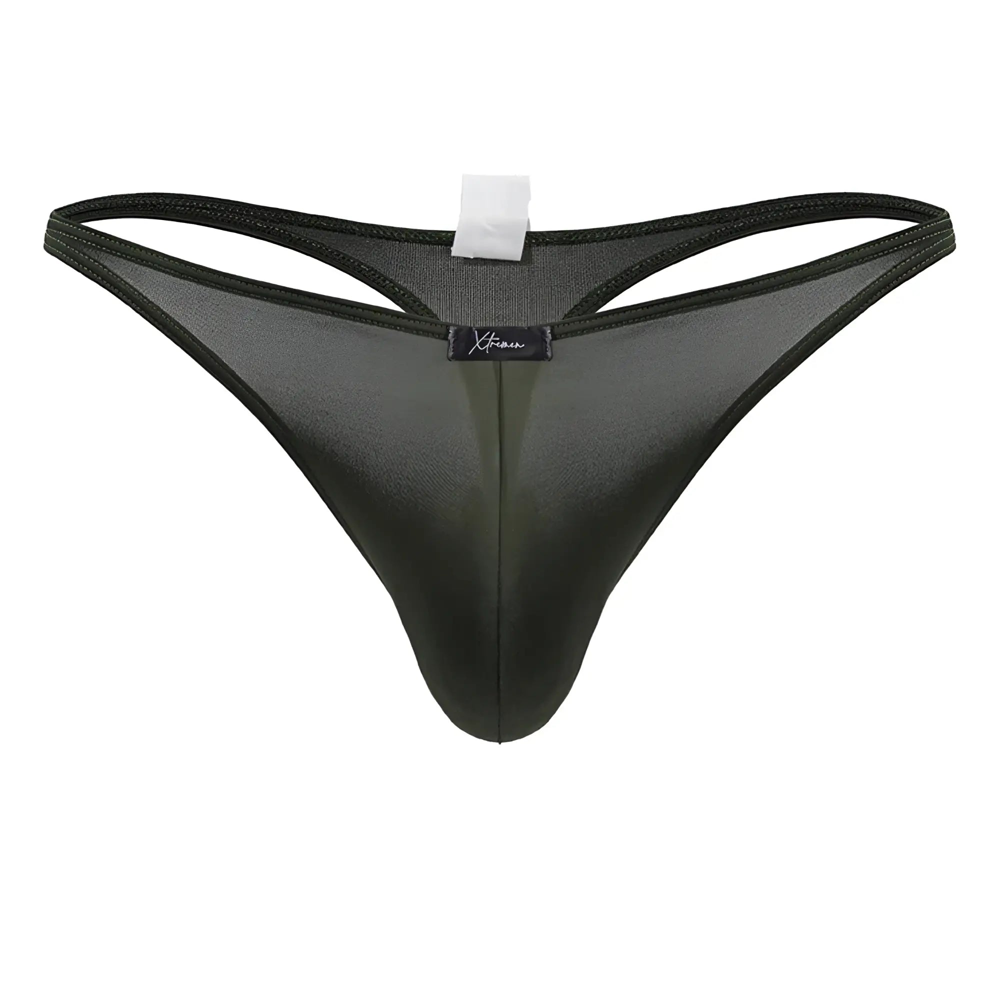 Xtremen 91238 microfiber thong in green sheer mesh with subtle sheen and reinforced elastic waistband showing back side
