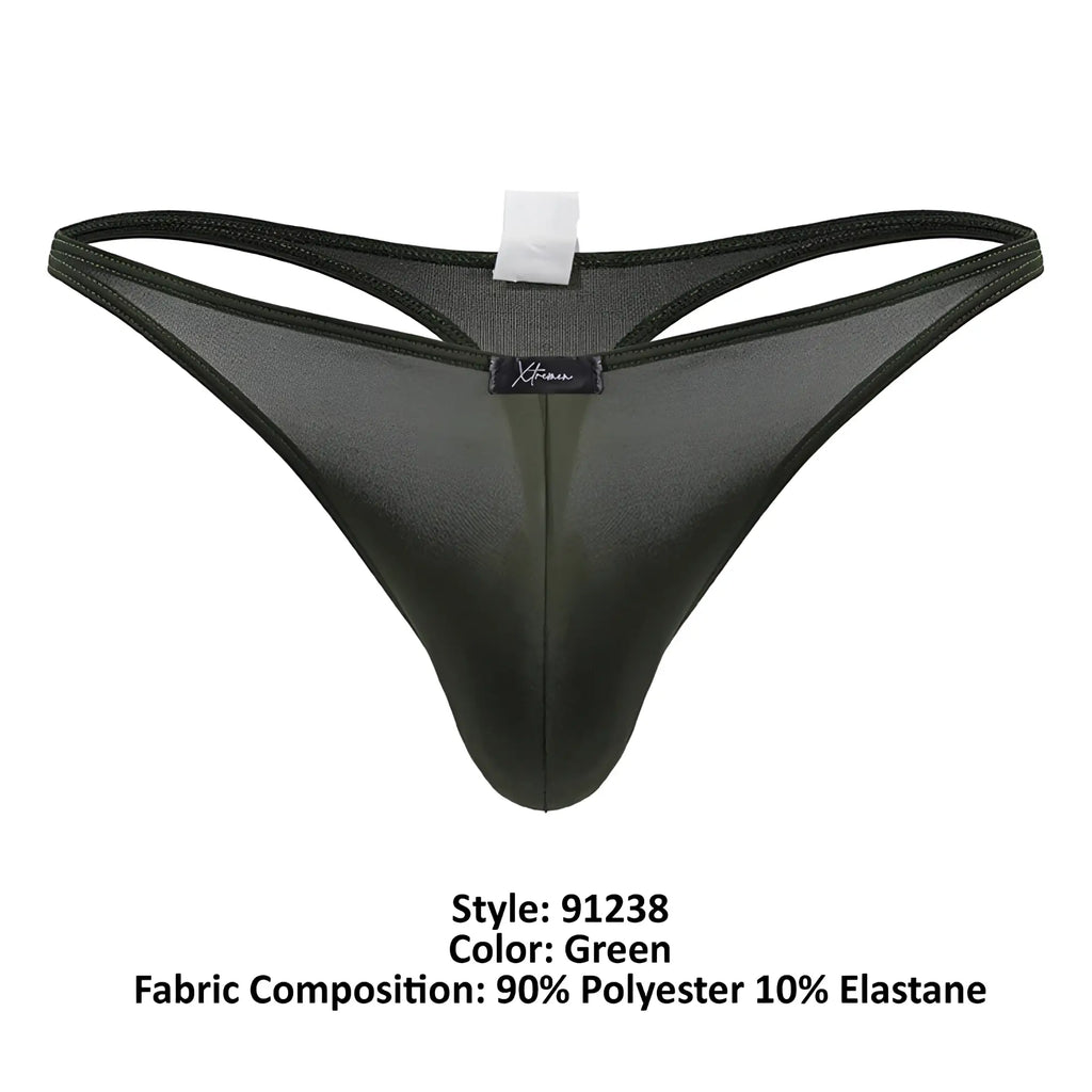 Xtremen 91238 microfiber thong in green with black sheer fabric subtle sheen and reinforced elastic waistband back view