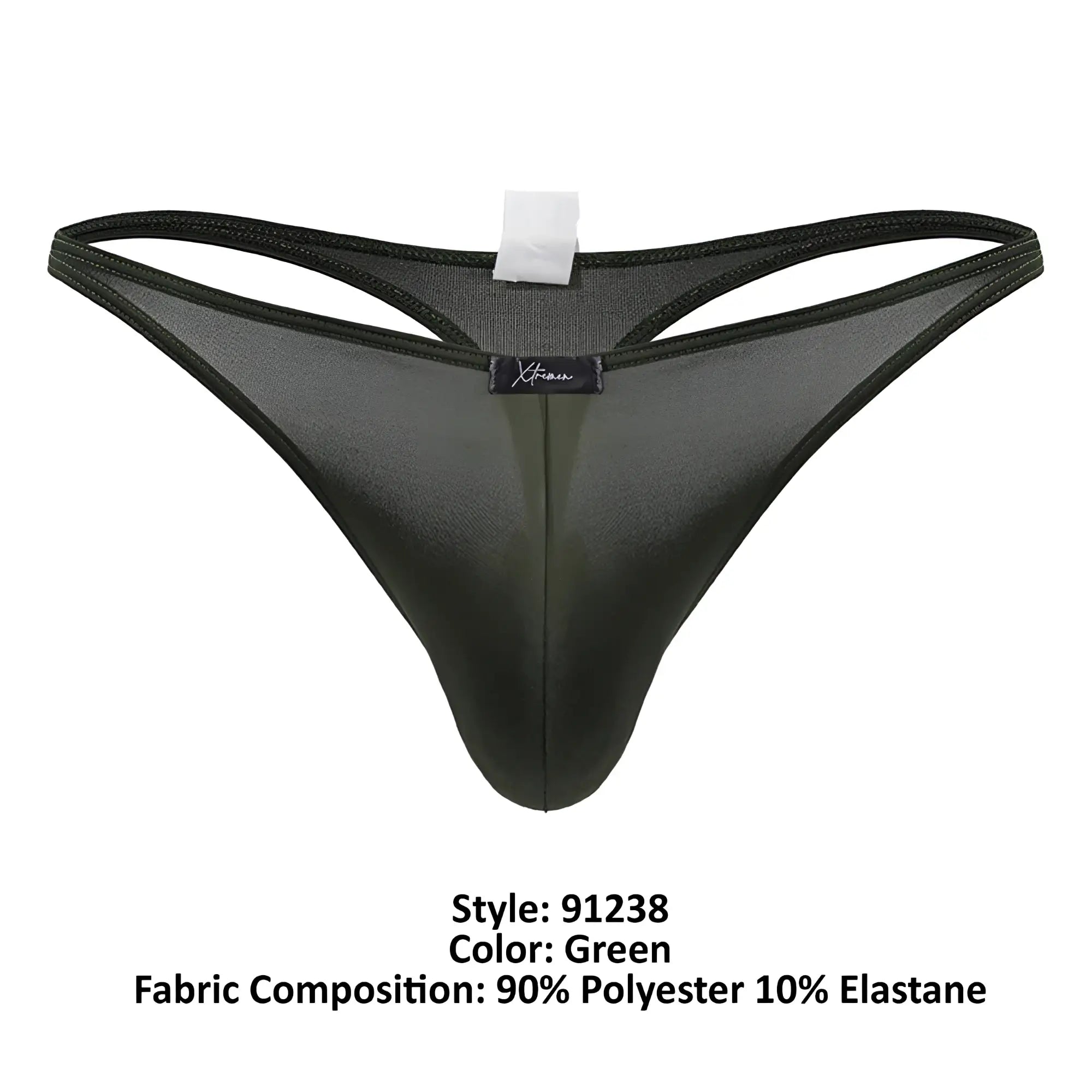 Xtremen 91238 microfiber thong in green with black sheer fabric subtle sheen and reinforced elastic waistband back view